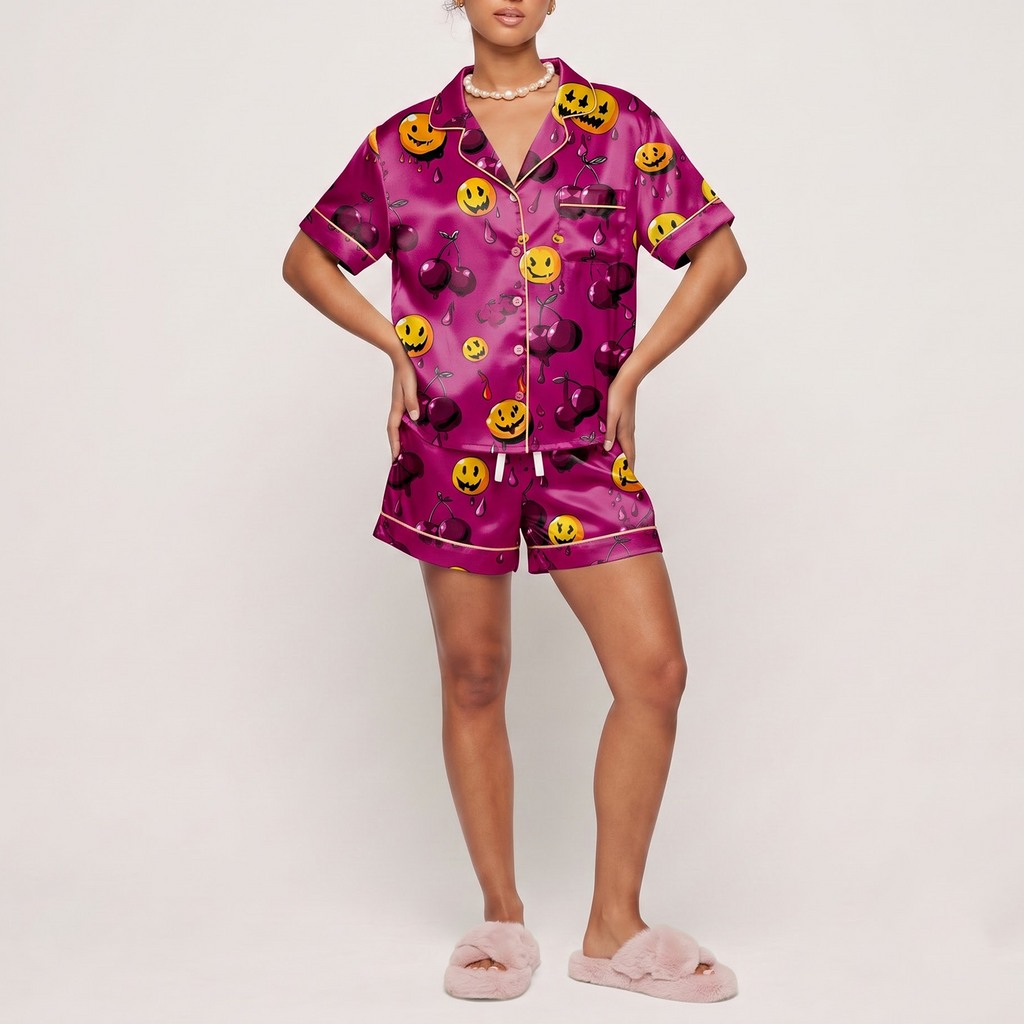 Pink Halloween Cherry Satin Pajama Set, Spooky Smiley Silk Sleepwear, Dripping Cherry Button Down Pjs, Cute Gift for Her