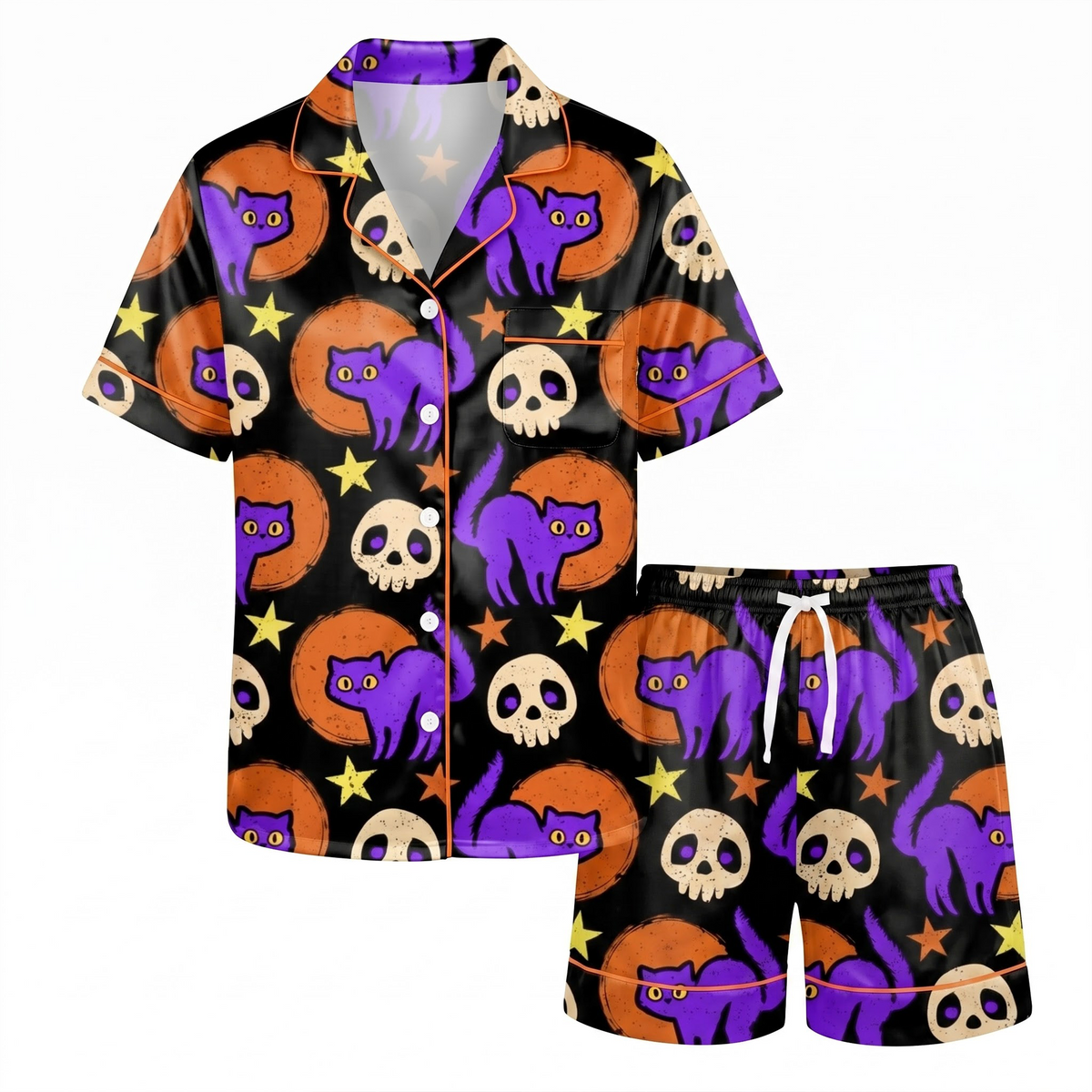 Halloween Purple Cat Satin Pajama Set, Spooky Skull Silk Sleepwear, Button Down Long Sleeve Pjs, Witchy Gift for Her