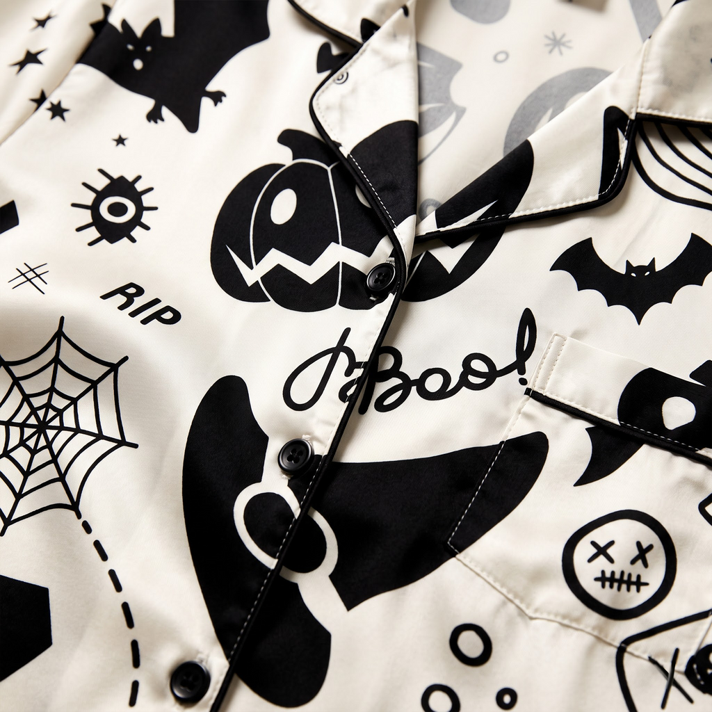 Black White Halloween Satin Pajama Set, Gothic Spooky Silk PJs , Whimsigoth Sleepwear, Halloween Gift for Her
