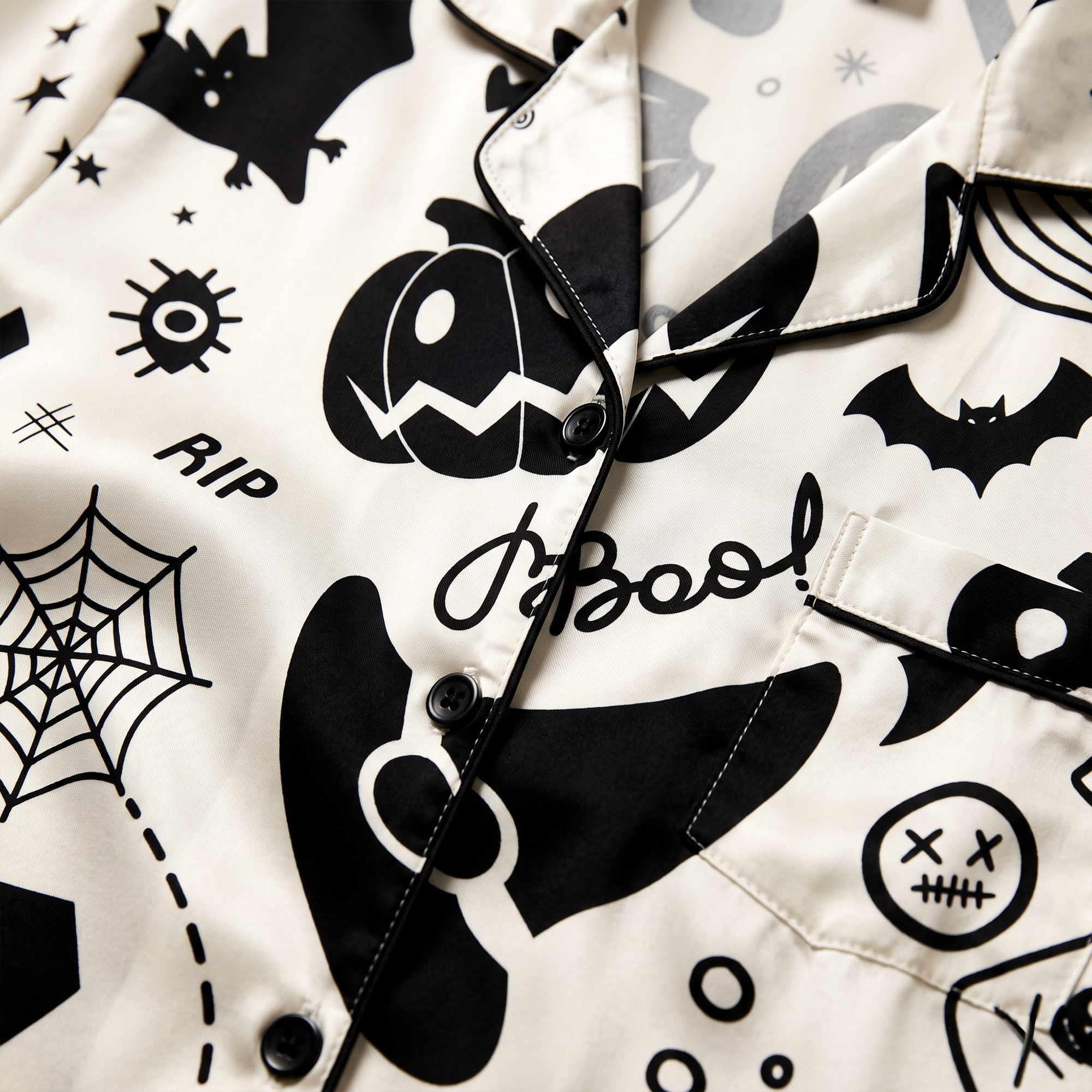 Black White Halloween Satin Pajama Set, Gothic Spooky Silk PJs , Whimsigoth Sleepwear, Halloween Gift for Her