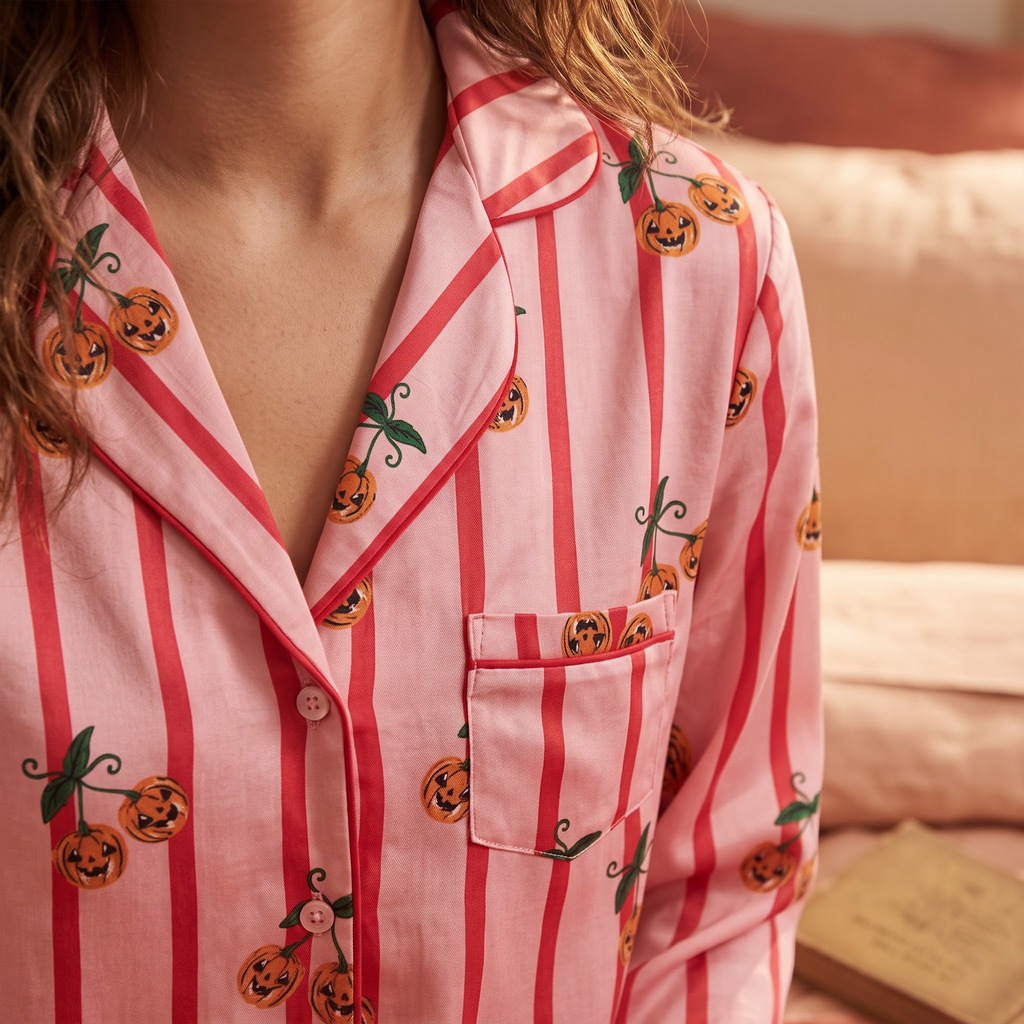 Pink Halloween Satin Pajama Set, Pumpkin Cherry Silk PJs , Spooky Cute Striped Sleepwear, Halloween Gift for Her
