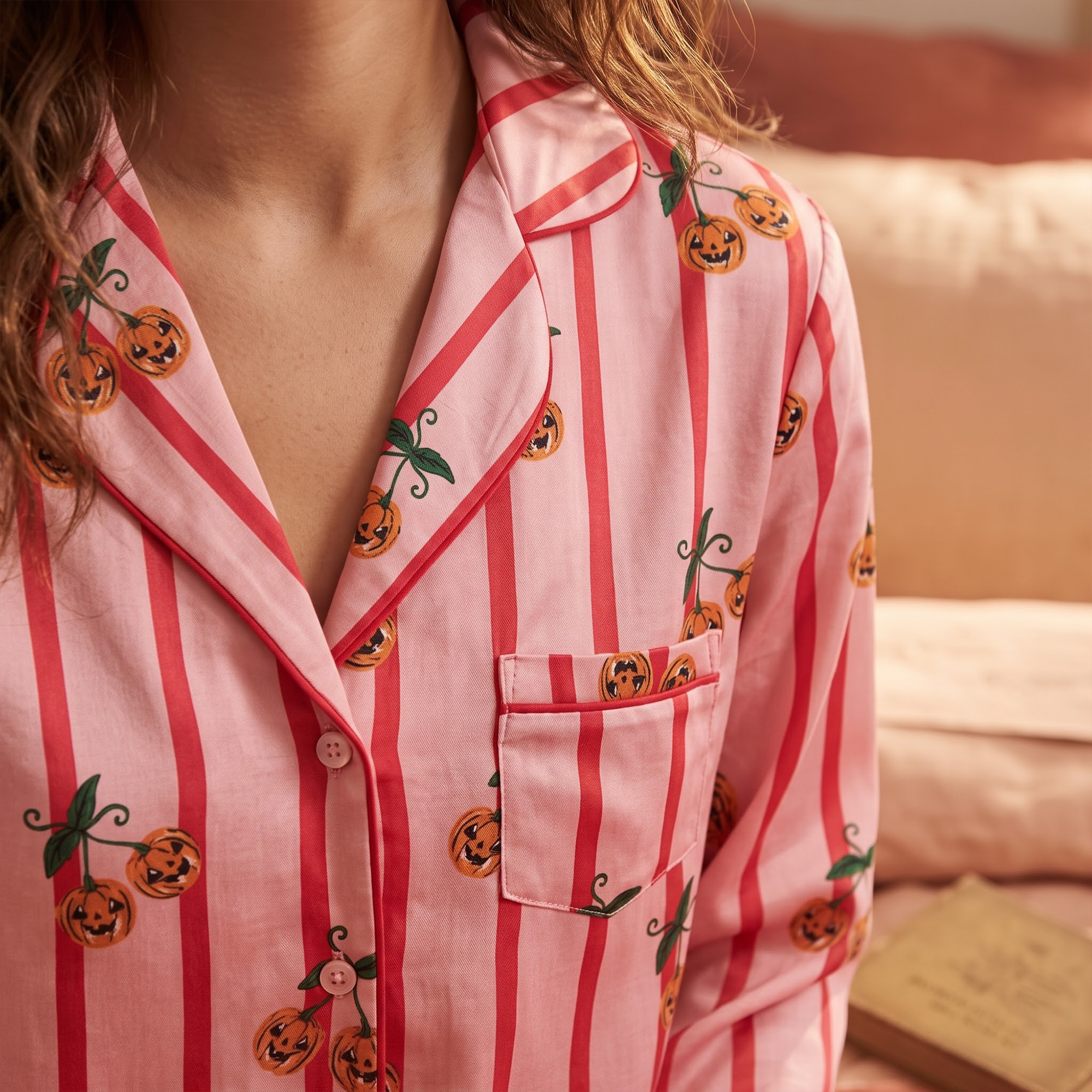 Pink Halloween Satin Pajama Set, Pumpkin Cherry Silk PJs , Spooky Cute Striped Sleepwear, Halloween Gift for Her