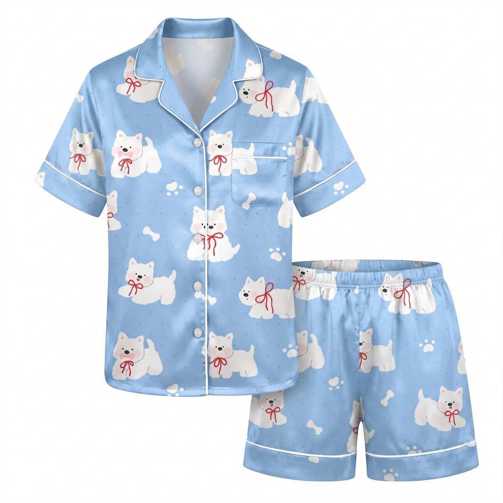 Westie Dog Satin Pajama Set, Blue Coquette Red Bow Silk Sleepwear, Cute Dog Mom Lounge Wear Set, Gift for Bestie Girlfriend