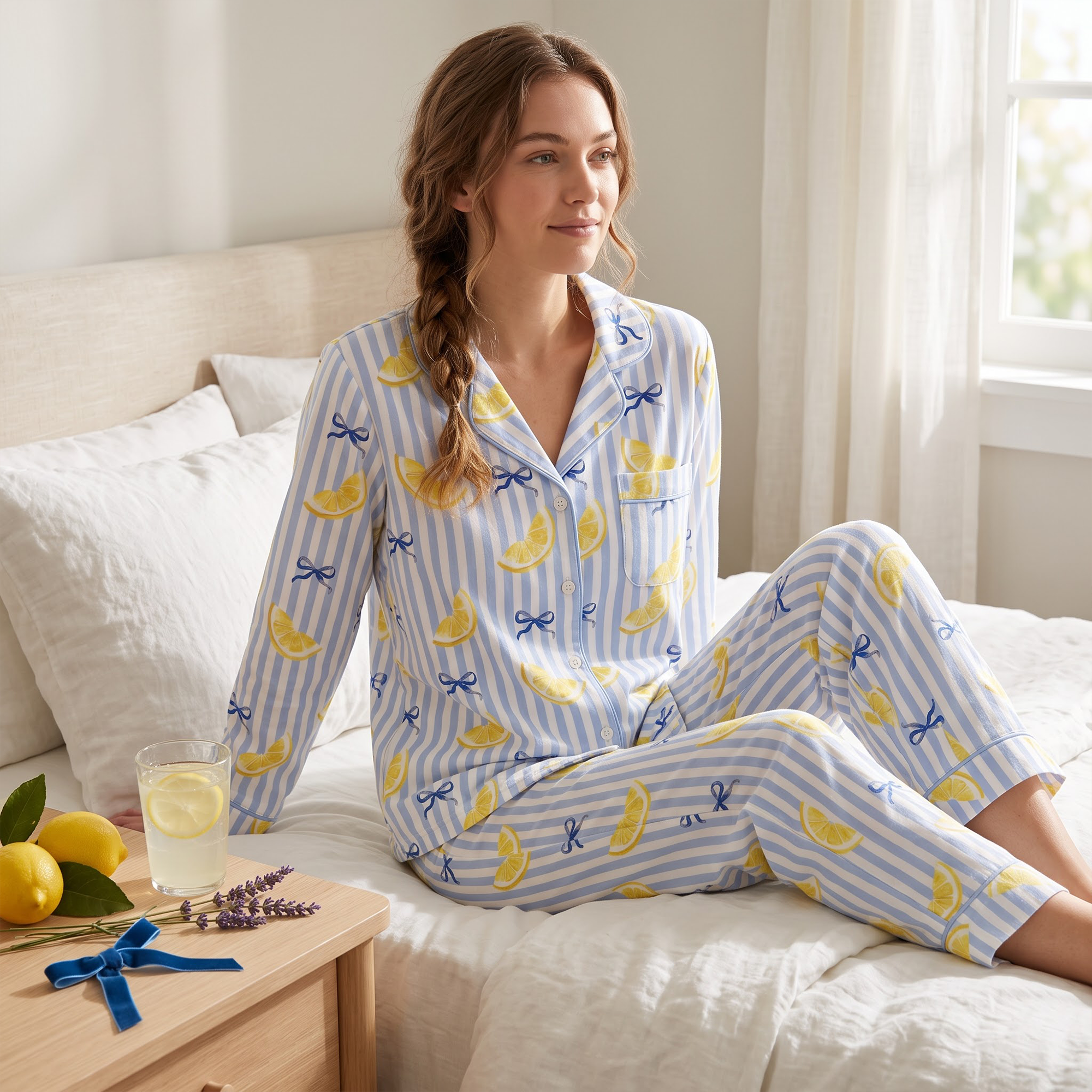 Lemon Ribbon Satin Pajama Set, Blue Striped Lemon Silk PJs , Coquette Bow Sleepwear, Cute Summer Gift for Her