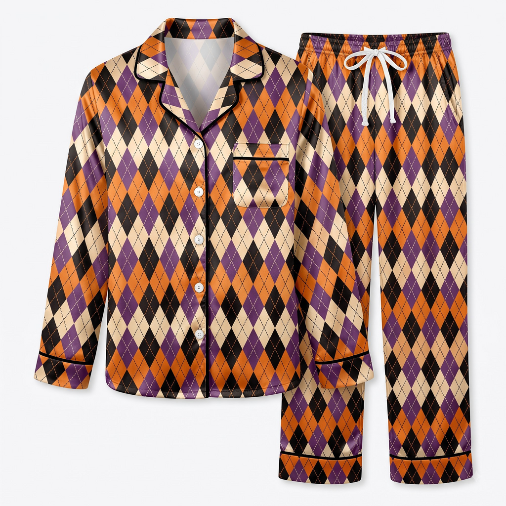 Halloween Argyle Pajama Set, Orange Purple Black Satin Pajamas, Halloween Plaid Sleepwear, Spooky Season Matching PJs, Fall Pajama Gift