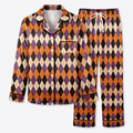 Halloween Argyle Pajama Set, Orange Purple Black Satin Pajamas, Halloween Plaid Sleepwear, Spooky Season Matching PJs, Fall Pajama Gift