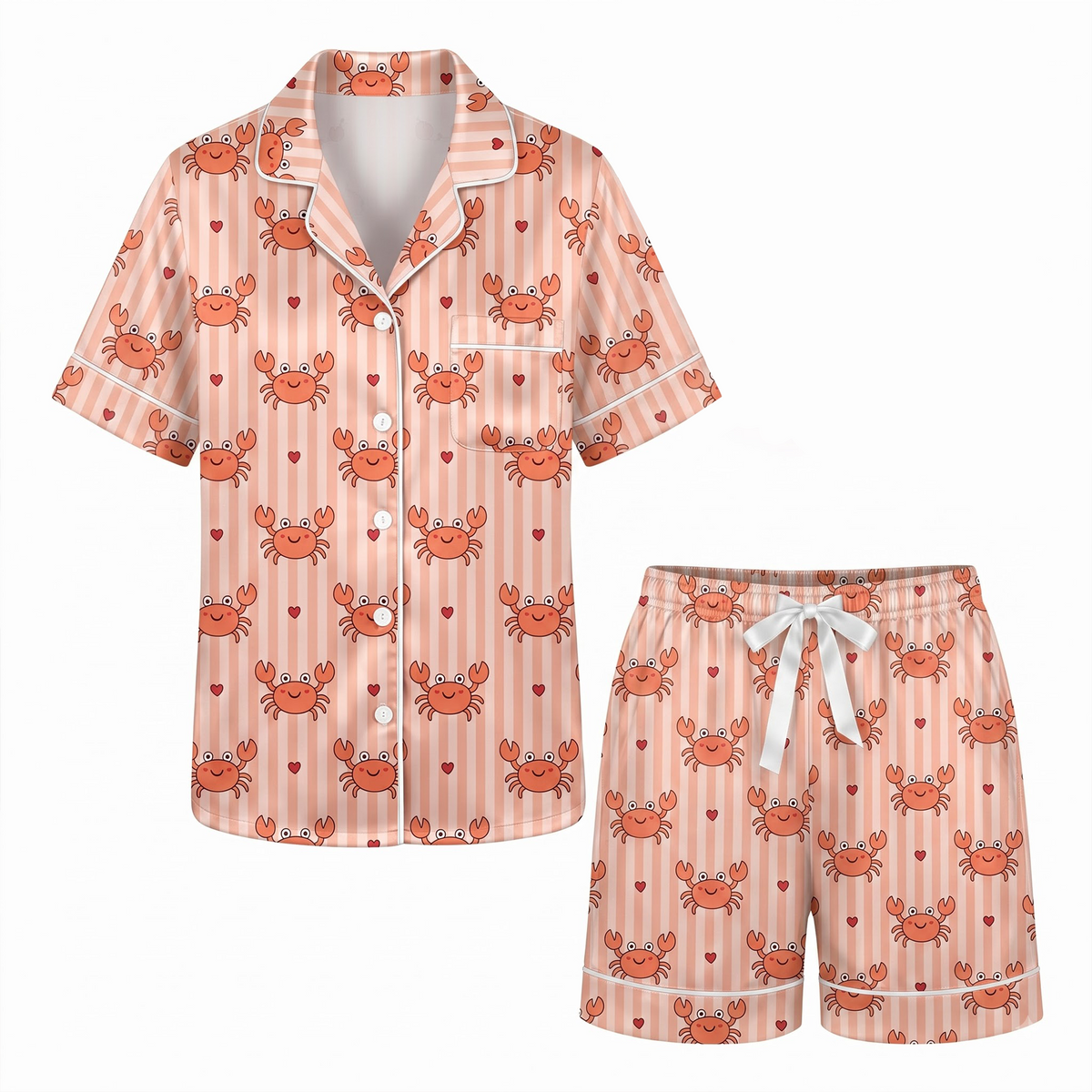 Cute Crab Satin Pajama Set, Peach Pink Striped Crab Silk Sleepwear, Nautical Ocean Lounge Set, Beach Summer Gift for Her Women
