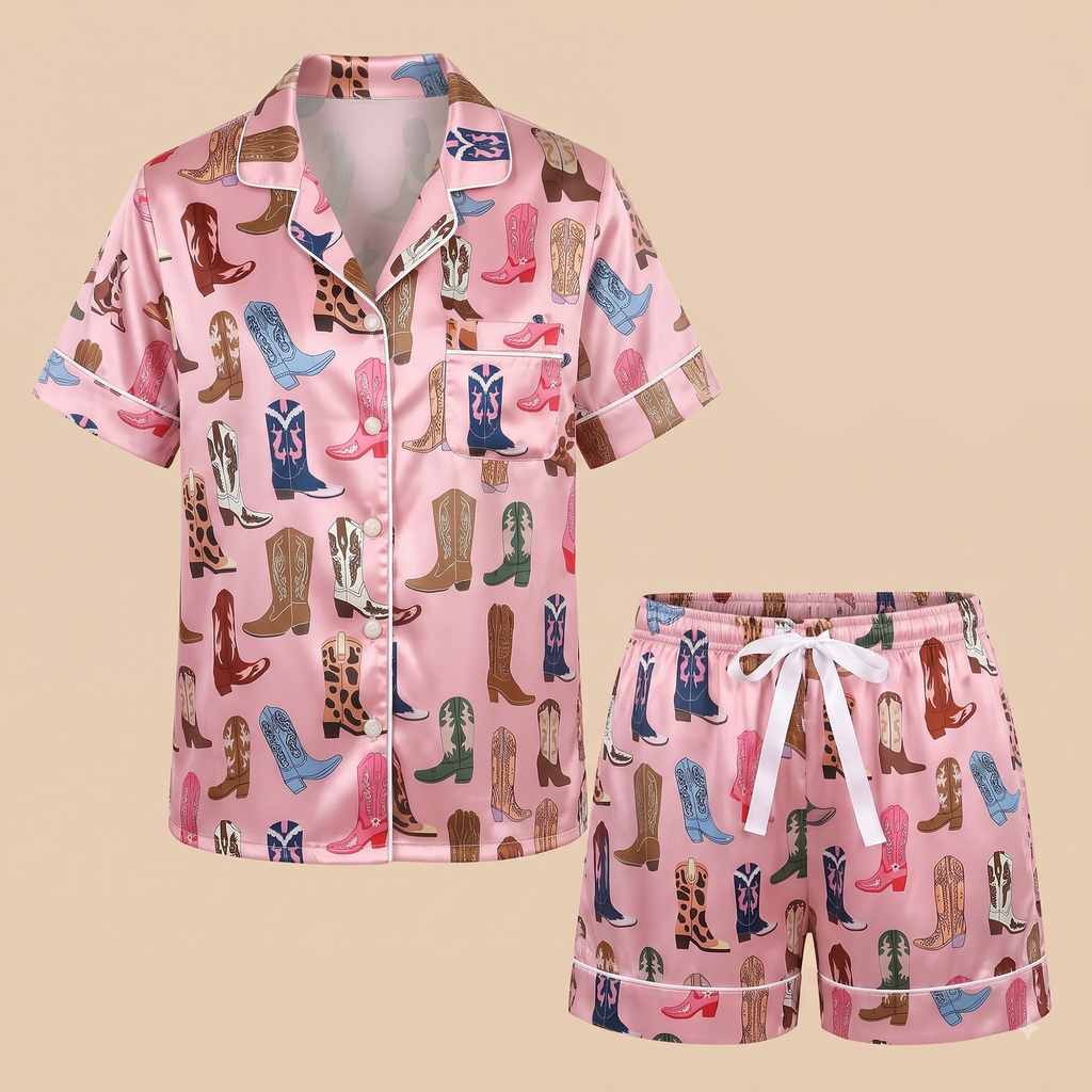 Pink Cowgirl Boots Satin Pajama Set, Western Silk Sleepwear, Country Coastal Cowgirl Lounge Set, Birthday Gift for Her Women