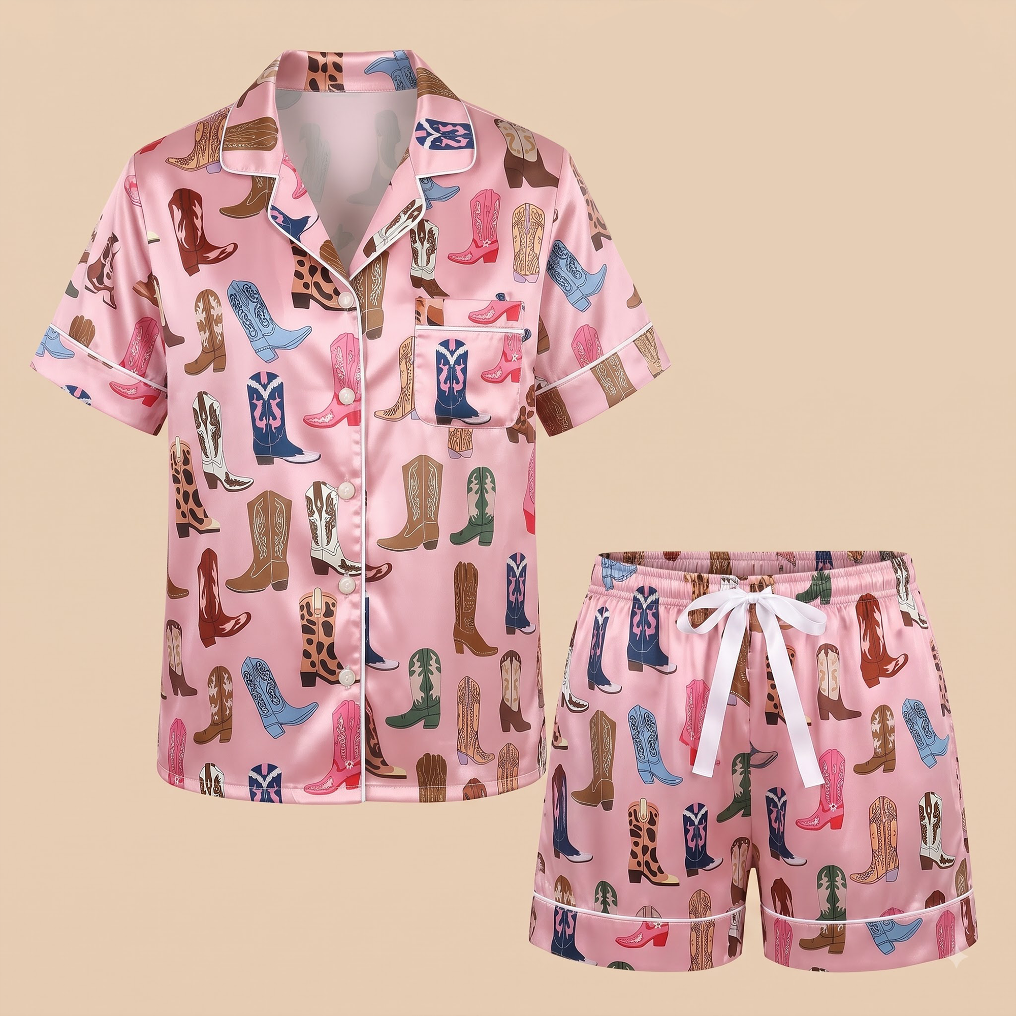 Pink Cowgirl Boots Satin Pajama Set, Western Silk Sleepwear, Country Coastal Cowgirl Lounge Set, Birthday Gift for Her Women