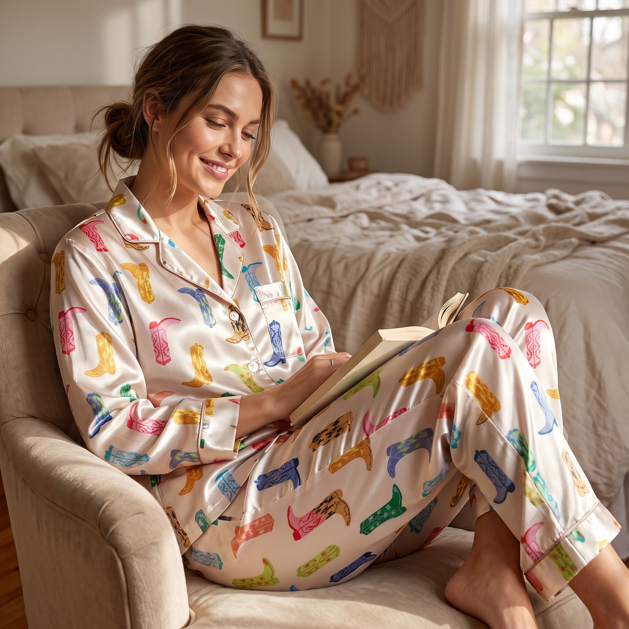 Cowgirl Boots Satin Pajama Set, Colorful Western Silk PJs , Cute Country Sleepwear, Bachelorette Party Gift for Her