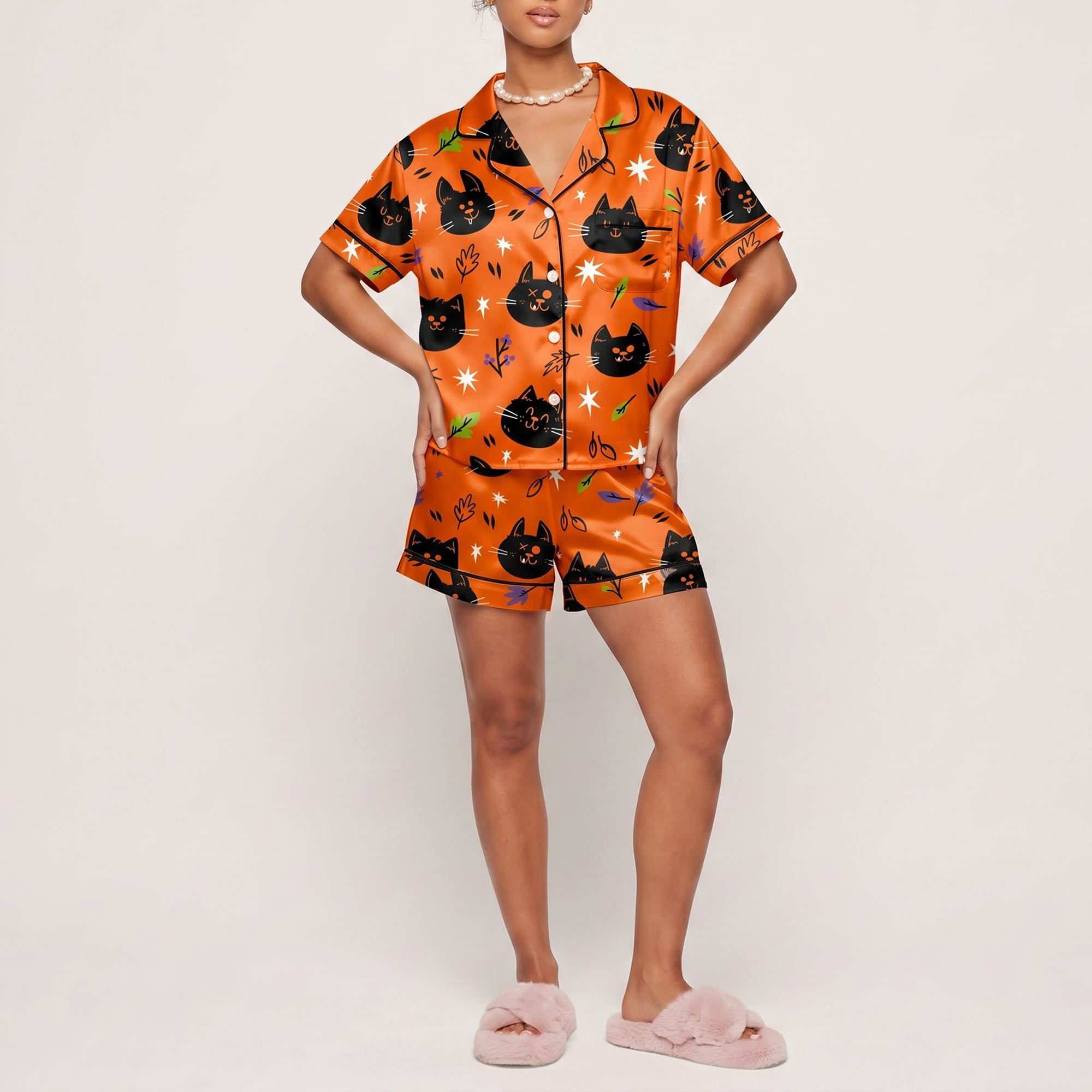 Orange Halloween Black Cat Satin Pajama Set, Cute Cat Silk Sleepwear, Fall Button Down Long Sleeve Pjs, Cat Mom Gift for Her