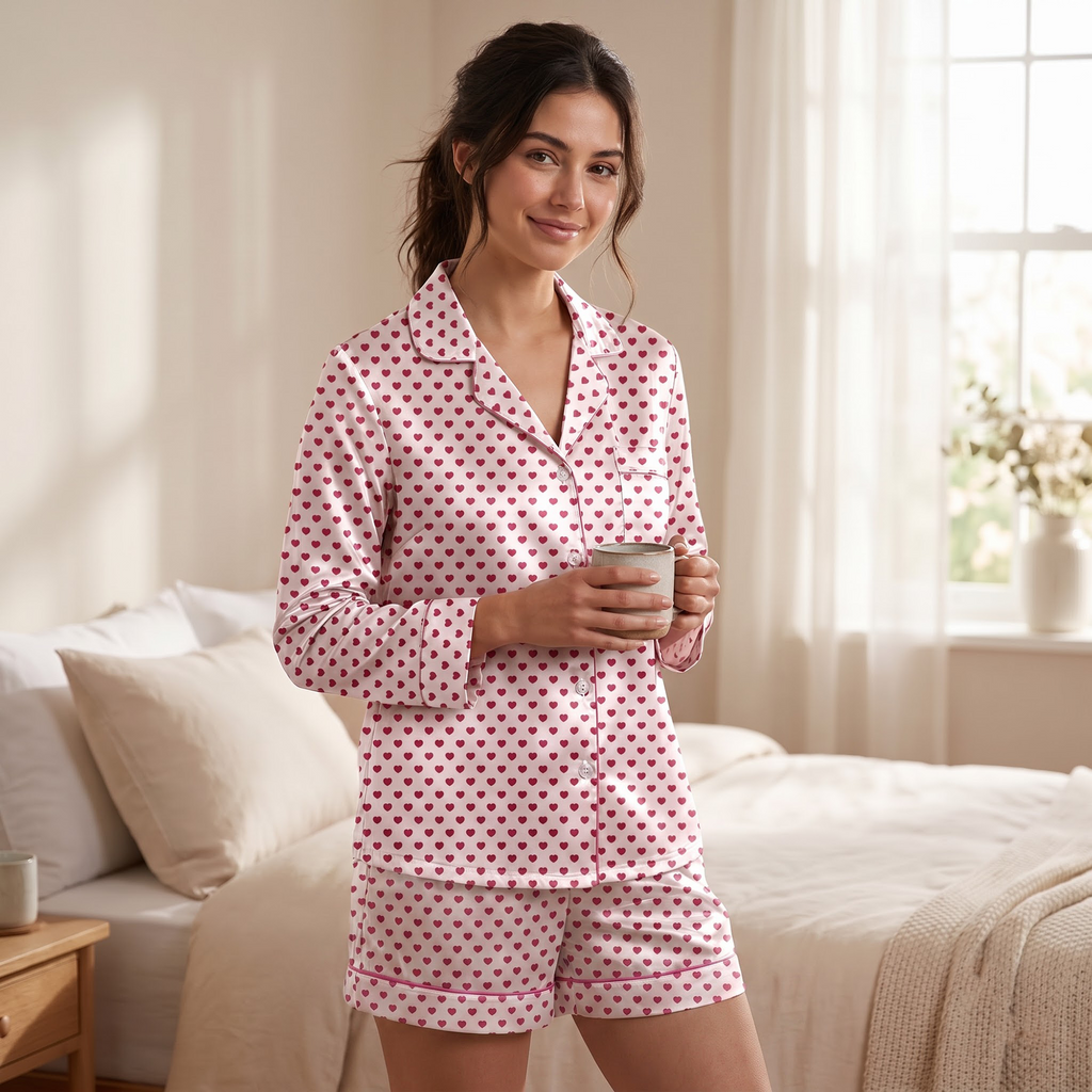 Pink Heart Satin Pajama Set, Valentines Day Silk PJs , Cute Heart Print Sleepwear, Romantic Birthday Gift for Her