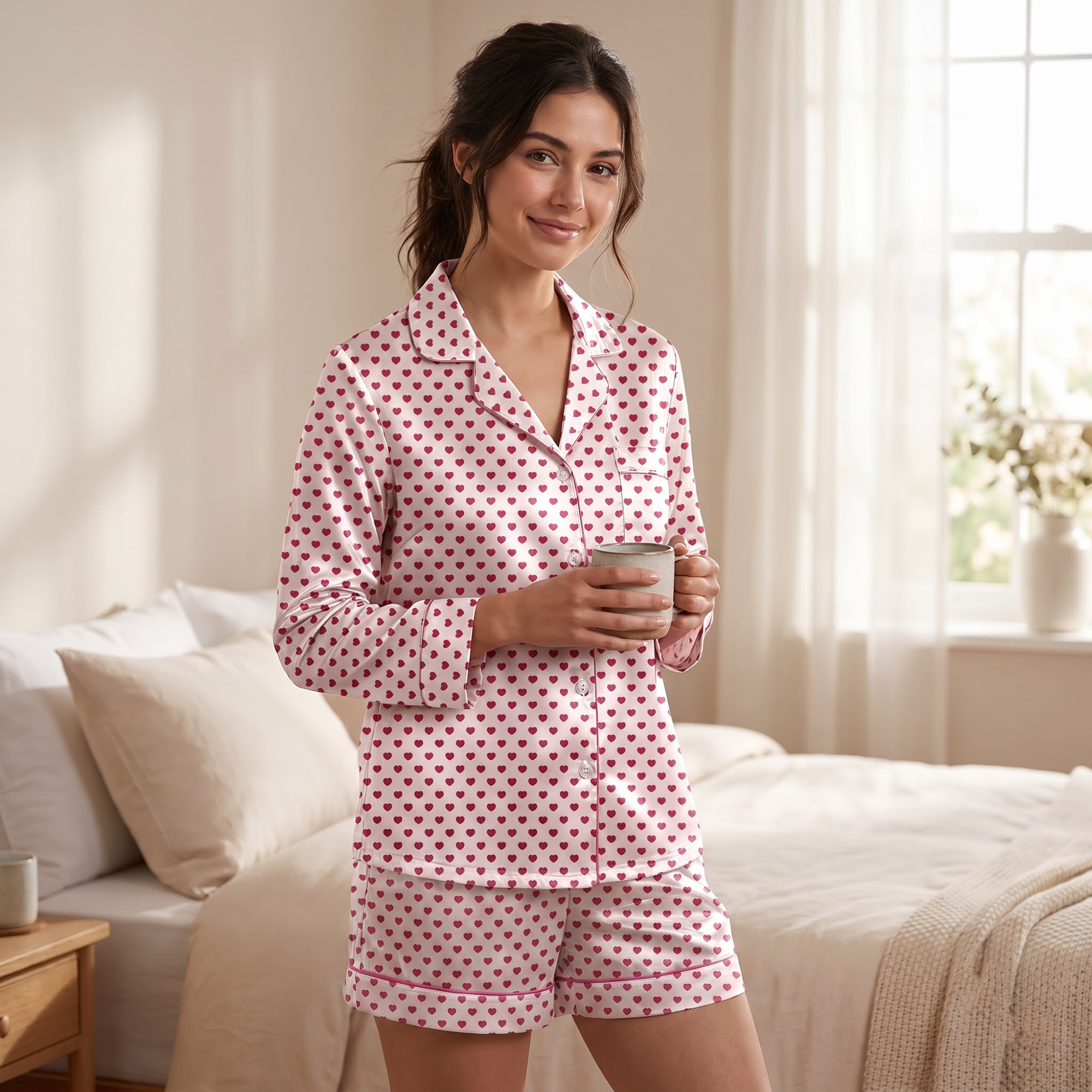Pink Heart Satin Pajama Set, Valentines Day Silk PJs , Cute Heart Print Sleepwear, Romantic Birthday Gift for Her