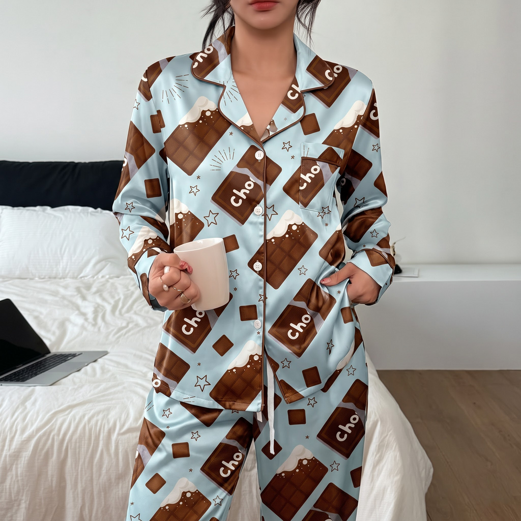Cute Chocolate Silk Satin Pajama Set, Chocolate Bar Pattern Lounge Set, Sweet Snack Sleepwear, Gift for Friends Sister