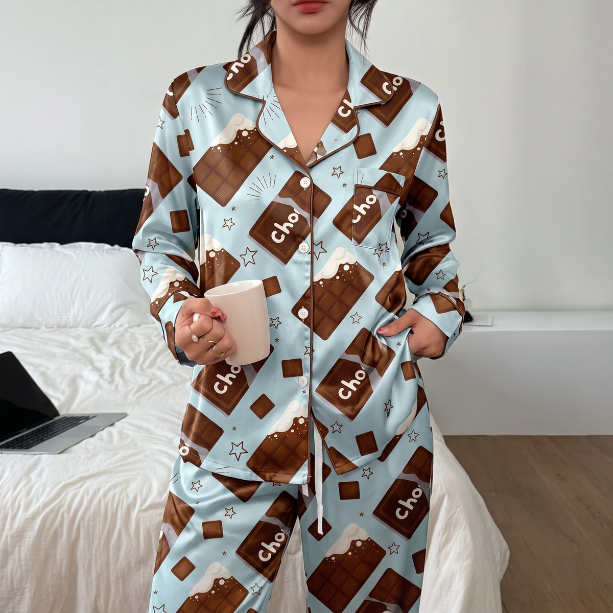 Cute Chocolate Silk Satin Pajama Set, Chocolate Bar Pattern Lounge Set, Sweet Snack Sleepwear, Gift for Friends Sister