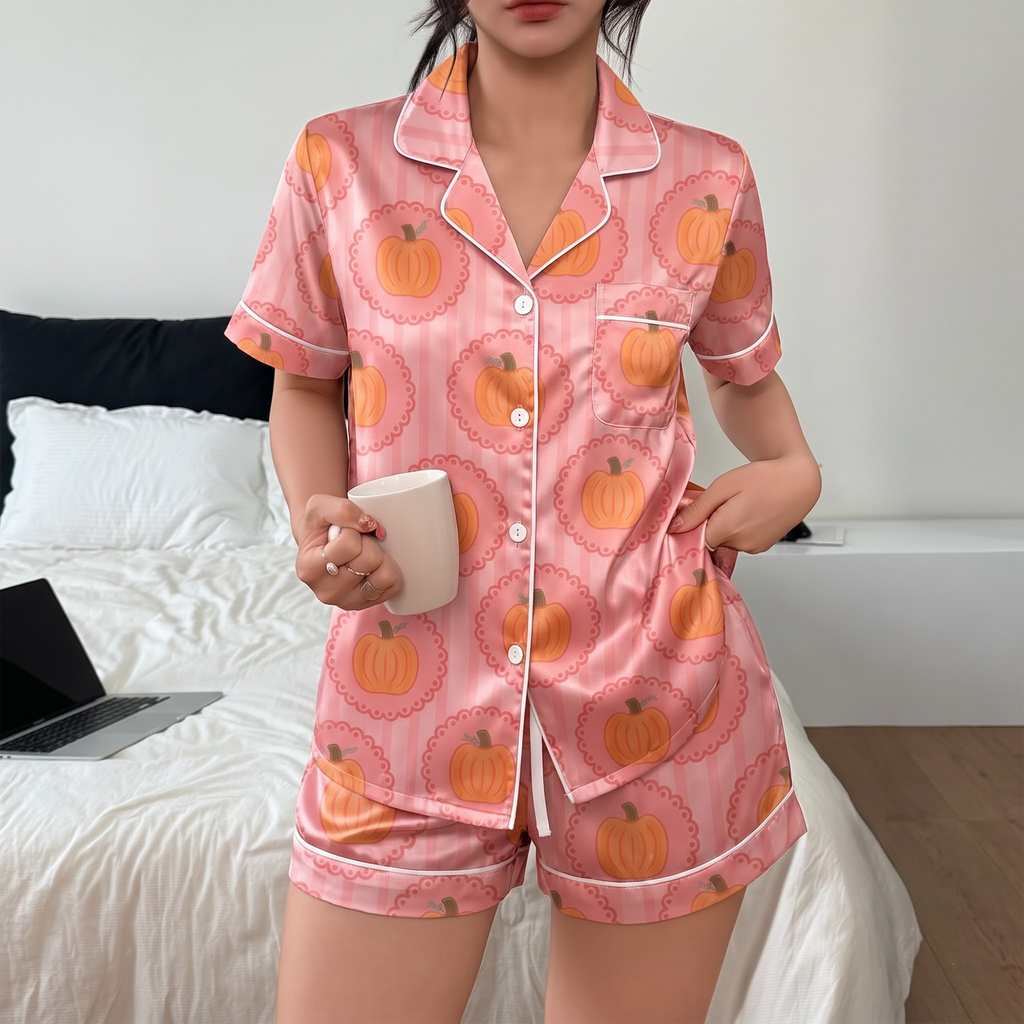 Pink Pumpkin Pajama Set, Cute Coquette Autumn Sleepwear, Soft Pink Halloween Lounge Set Gift for Women Birthday