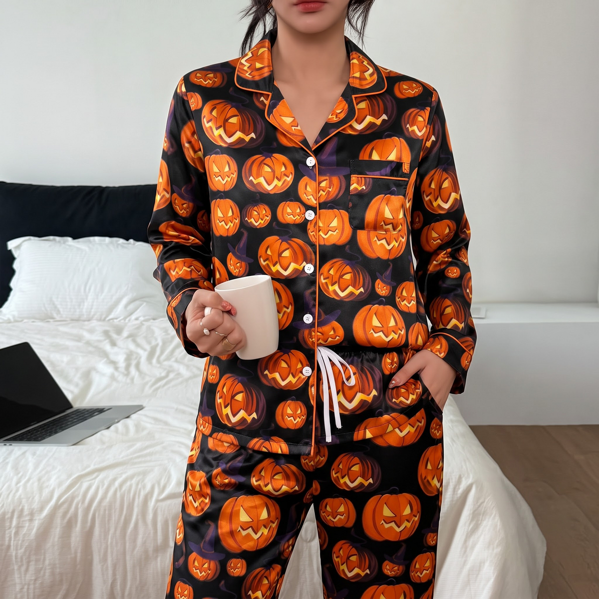 Cute Spooky Pumpkin Silk Satin Pajama Set, Jack-O-Lantern Pattern Lounge Set, Halloween Sleepwear, Gift for Friends Sister