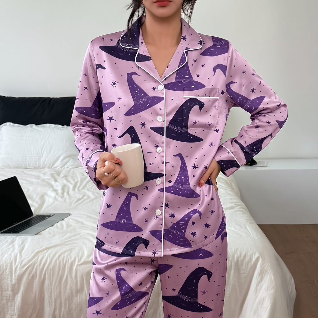 Witch Hat Satin Pajama Set, Celestial Magic Silk Sleepwear, Purple Halloween Lounge Set, Witchy Gift for Her Women