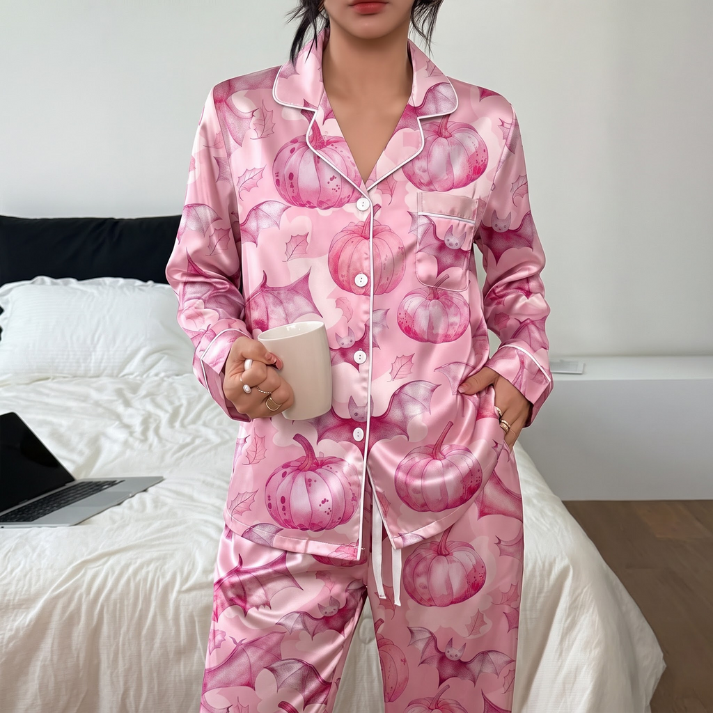 Pink Pumpkin Satin Pajama Set, Coquette Fall Silk Sleepwear, Watercolor Bow Gingham Lounge Set, Thanksgiving Gift for Her