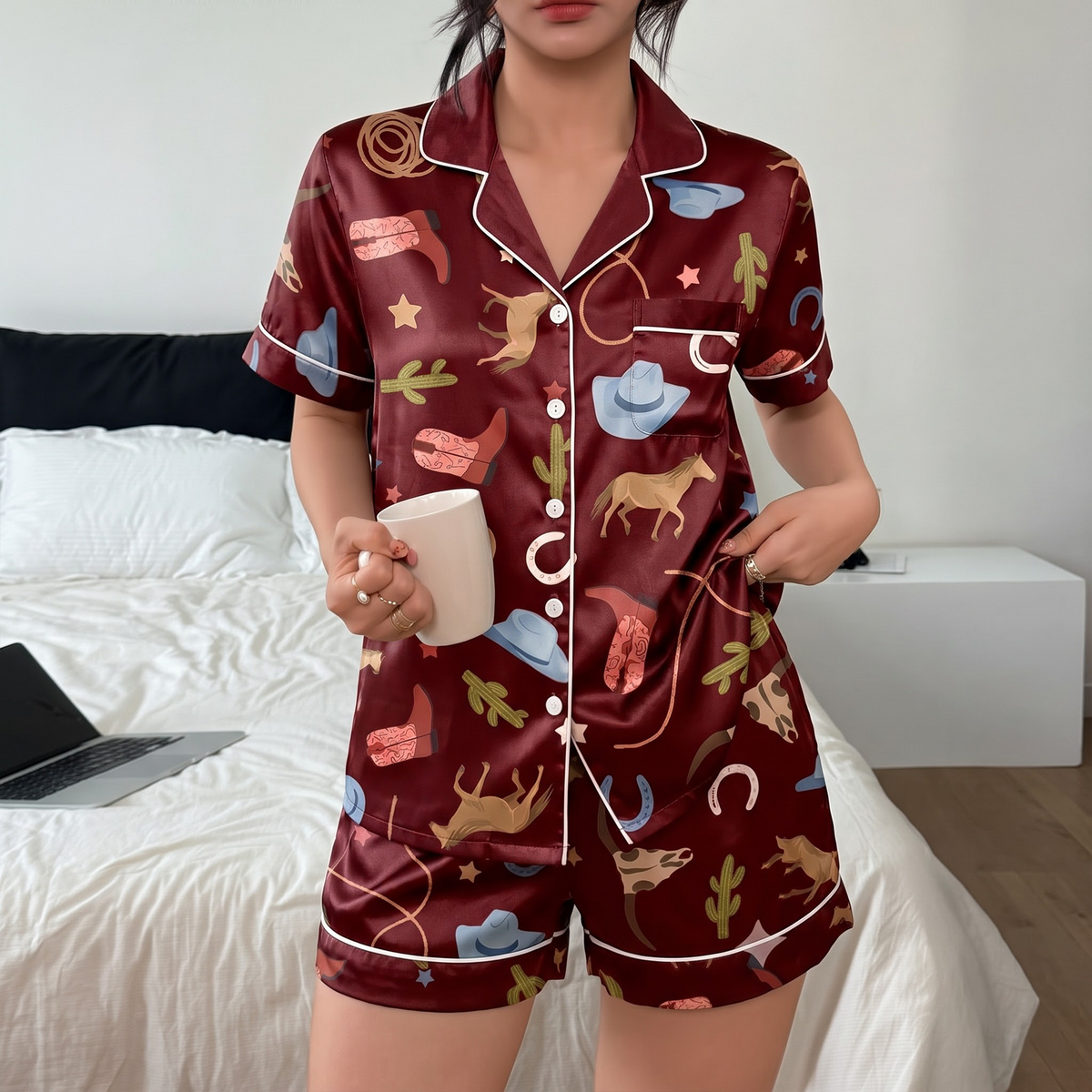 Western Horse Satin Pajama Set, Burgundy Rodeo Cowgirl Silk Sleepwear, Country Lounge Set, Cowgirl Gift for Her Women