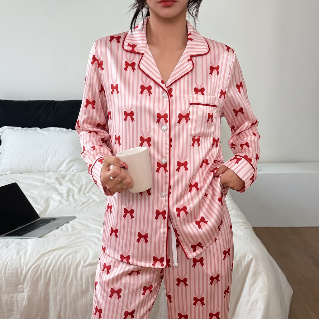 Red Bow Satin Pajama Set, Pink Striped Ribbon Silk Sleepwear, Coquette Bow Lounge Set, Romantic Gift for Her Women