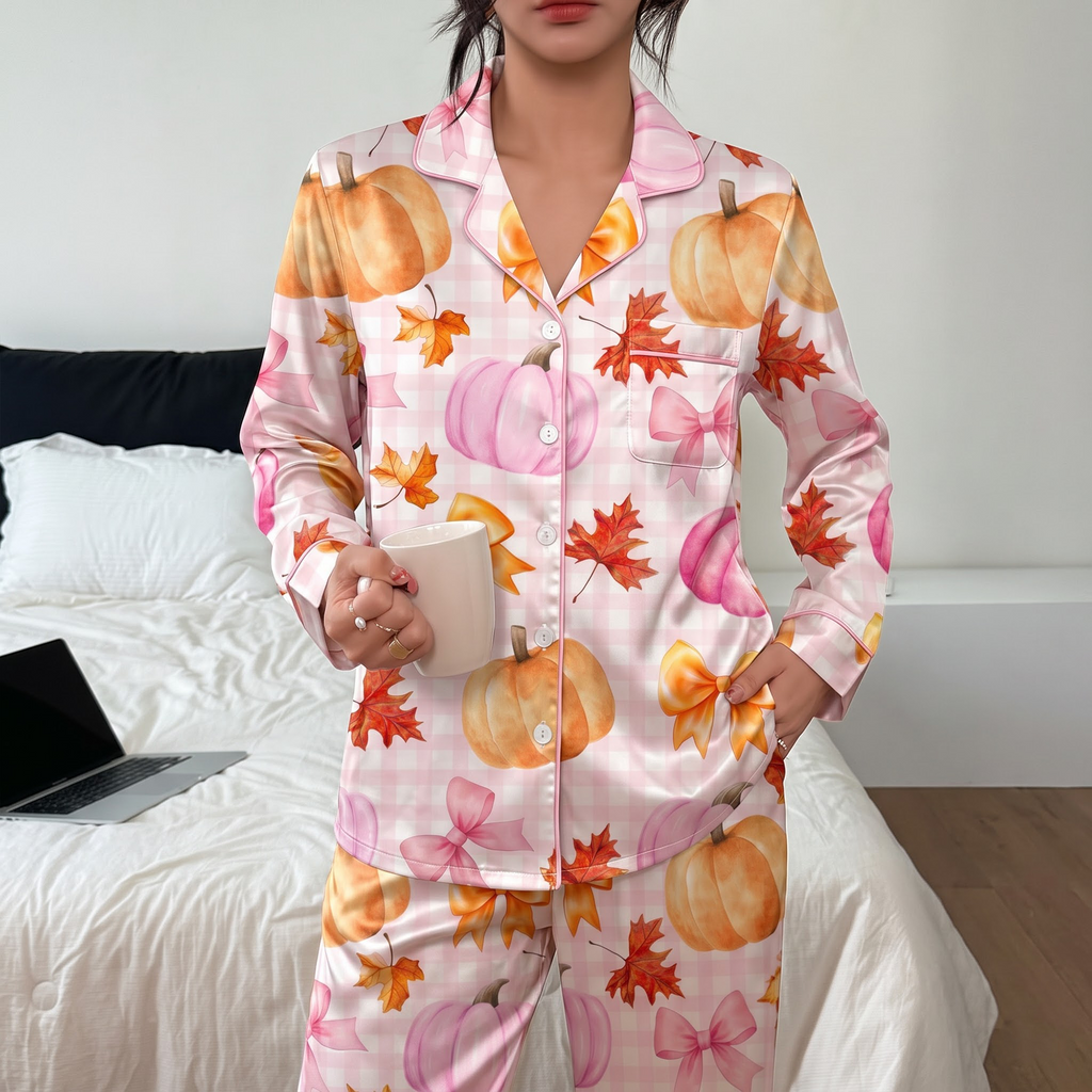 Pink Pumpkin Satin Pajama Set, Coquette Fall Silk Sleepwear, Watercolor Bow Gingham Lounge Set, Thanksgiving Gift for Her