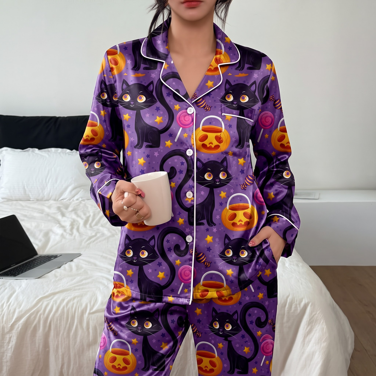 Black Cat Halloween Satin Pajama Set, Spooky Pumpkin Silk Sleepwear, Purple Cat Lounge Set, Gift for Her Women Cat Lovers