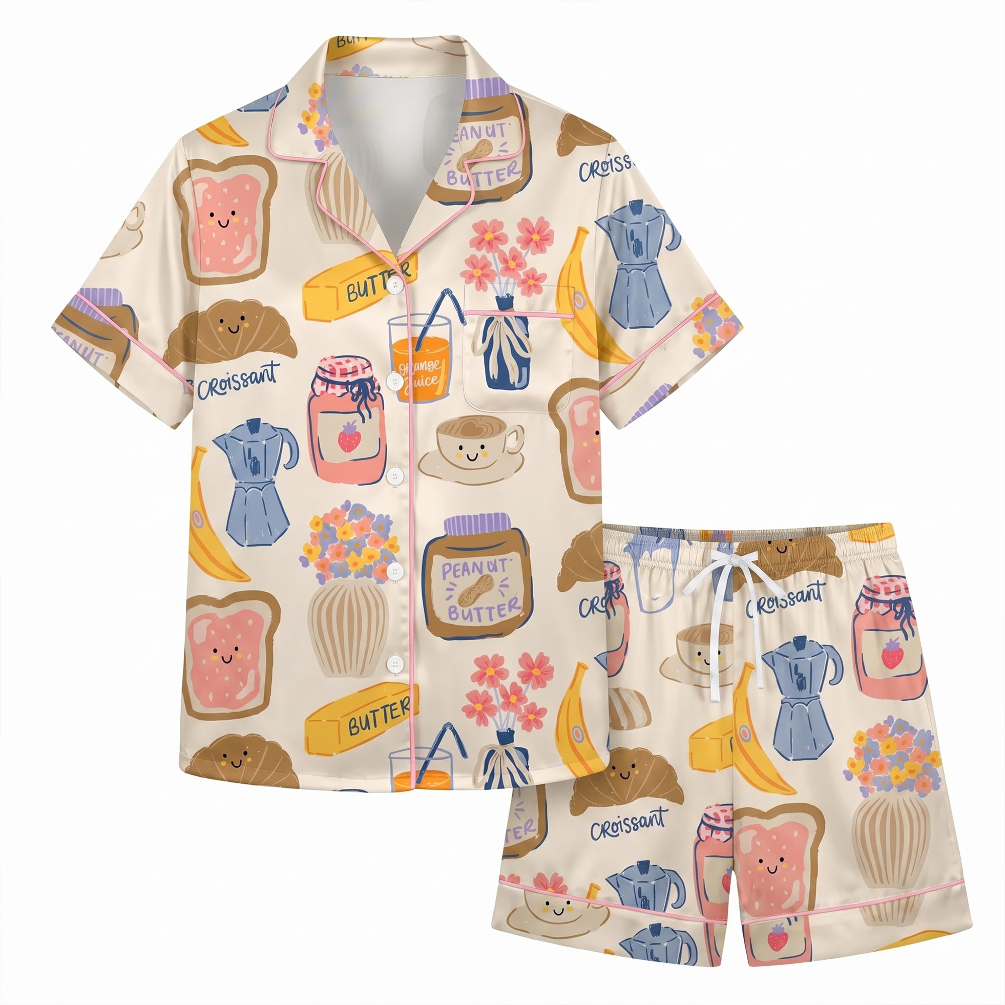 French Breakfast Pajama Set, Cute Croissant Toast Satin PJS, Food Pattern Sleepwear, Gift for Friends Sister