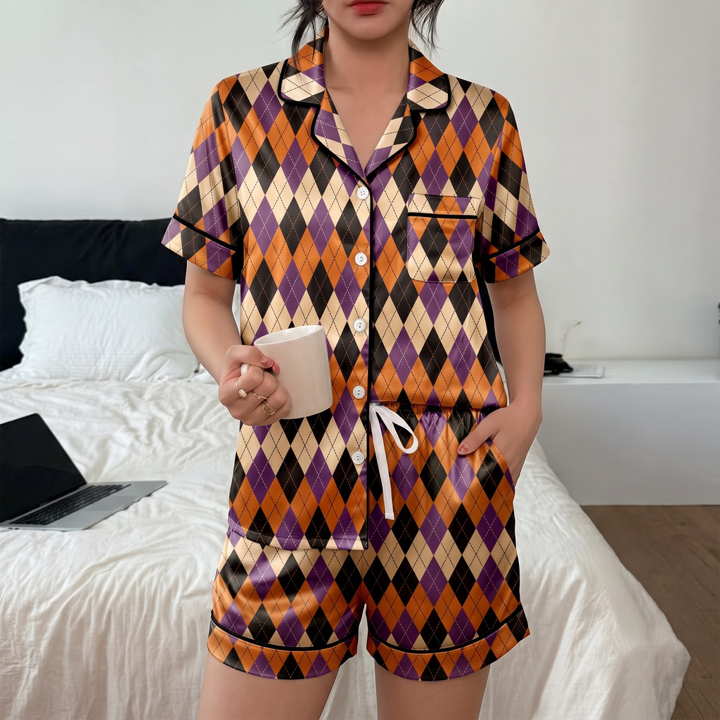 Halloween Argyle Pajama Set, Orange Purple Black Satin Pajamas, Halloween Plaid Sleepwear, Spooky Season Matching PJs, Fall Pajama Gift