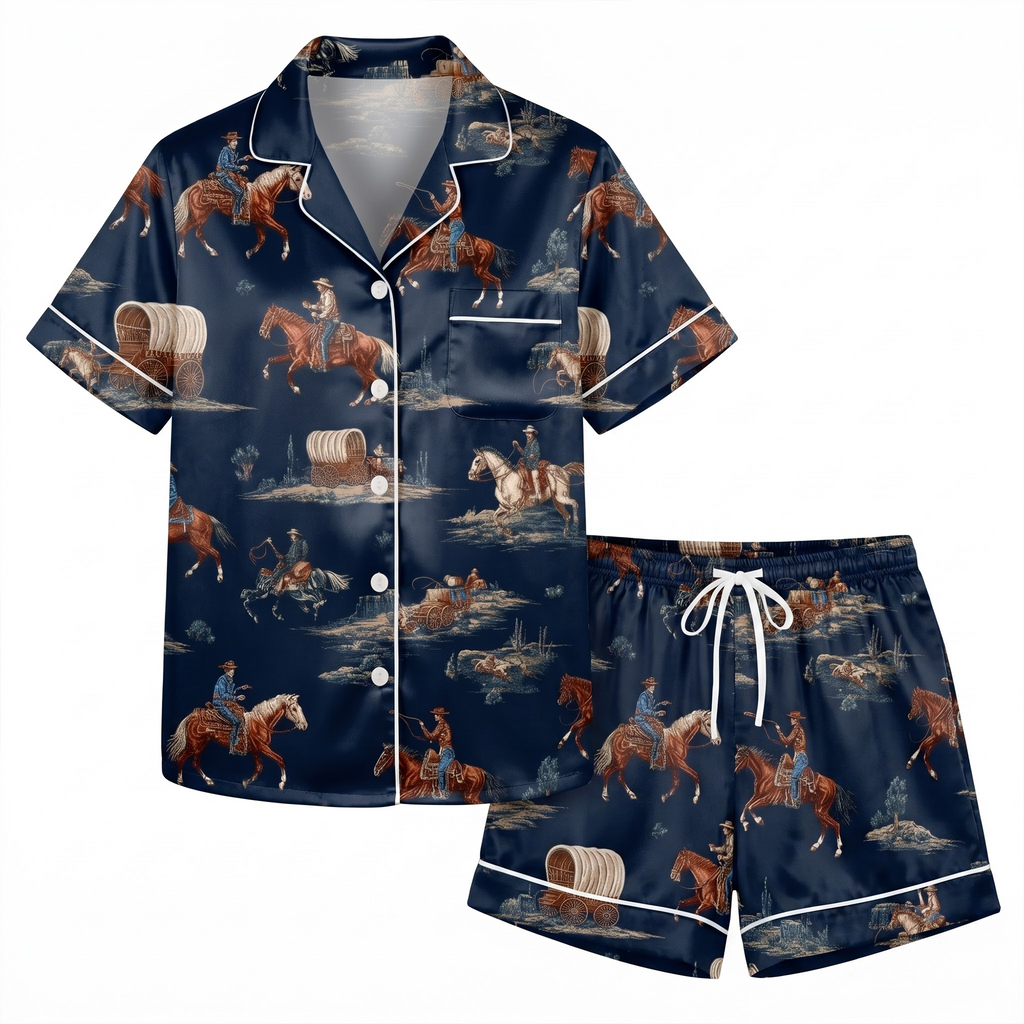 Vintage Cowboy Pajama Set, Navy Blue Western Toile Lounge Set, Horse Riding Sleepwear PJS, Country Gift for Her Women