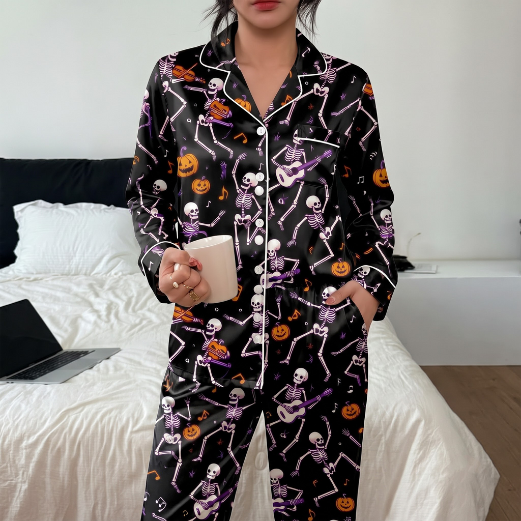 Halloween Dancing Skeleton Satin Pajama Set, Skeleton Music Pajamas, Spooky Pumpkin Halloween PJs, Black Halloween Sleepwear, Halloween Gift