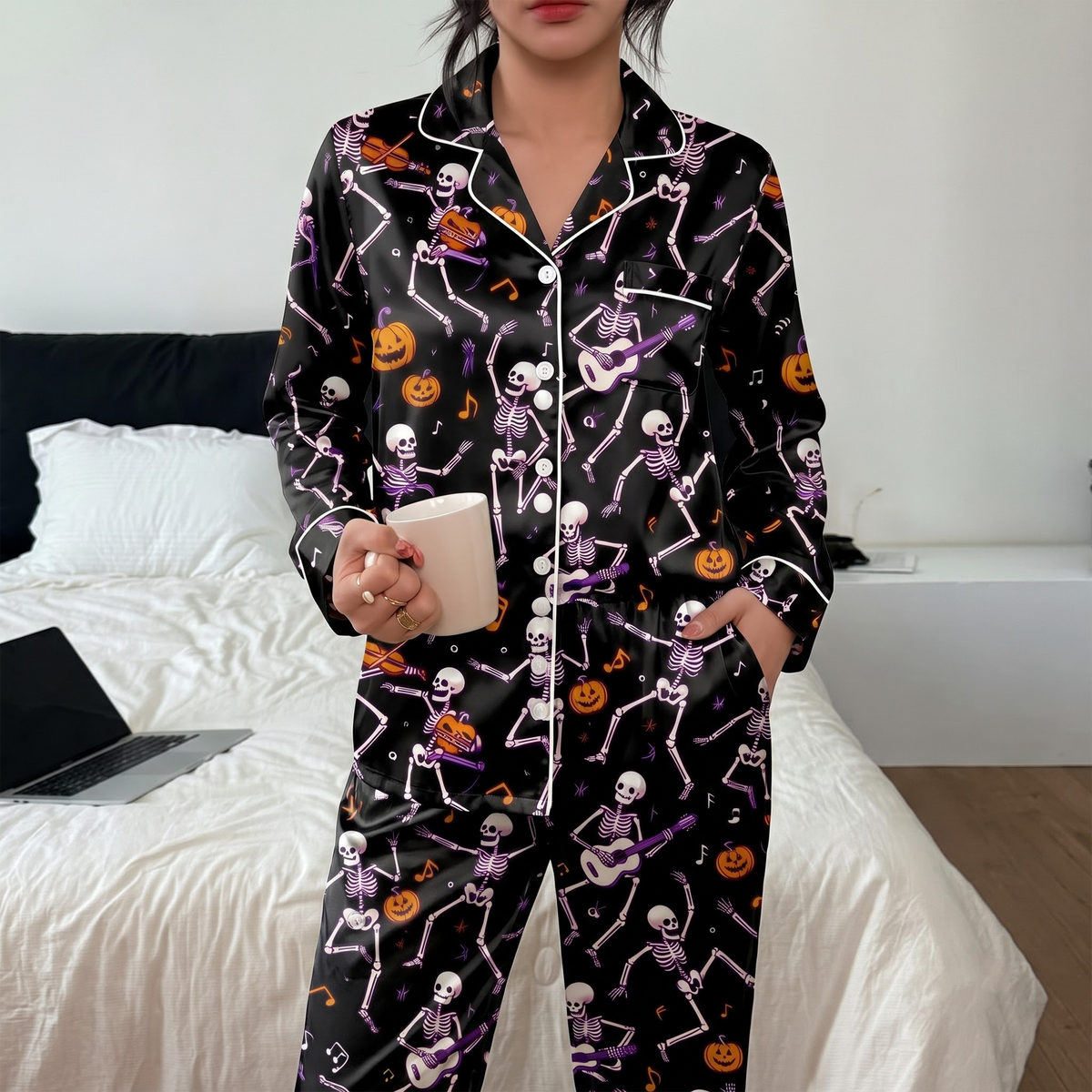 Halloween Dancing Skeleton Satin Pajama Set, Skeleton Music Pajamas, Spooky Pumpkin Halloween PJs, Black Halloween Sleepwear, Halloween Gift