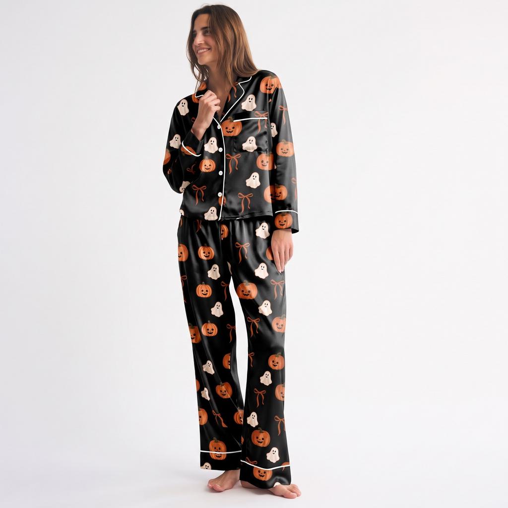Ghost Pumpkin Satin Pajama Set, Black Halloween Pajamas, Cute Spooky Ghost PJs, Coquette Bow Pumpkin Sleepwear, Halloween Gift