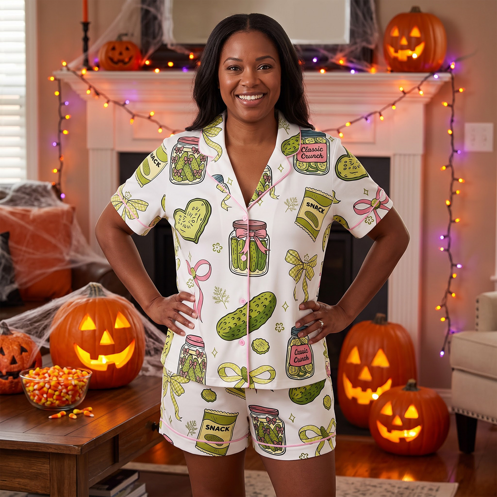 Pickle Pajama Set for Women, Cute Coquette Sleepwear, Button Up Shirt and Shorts, Pickle Lover Gift