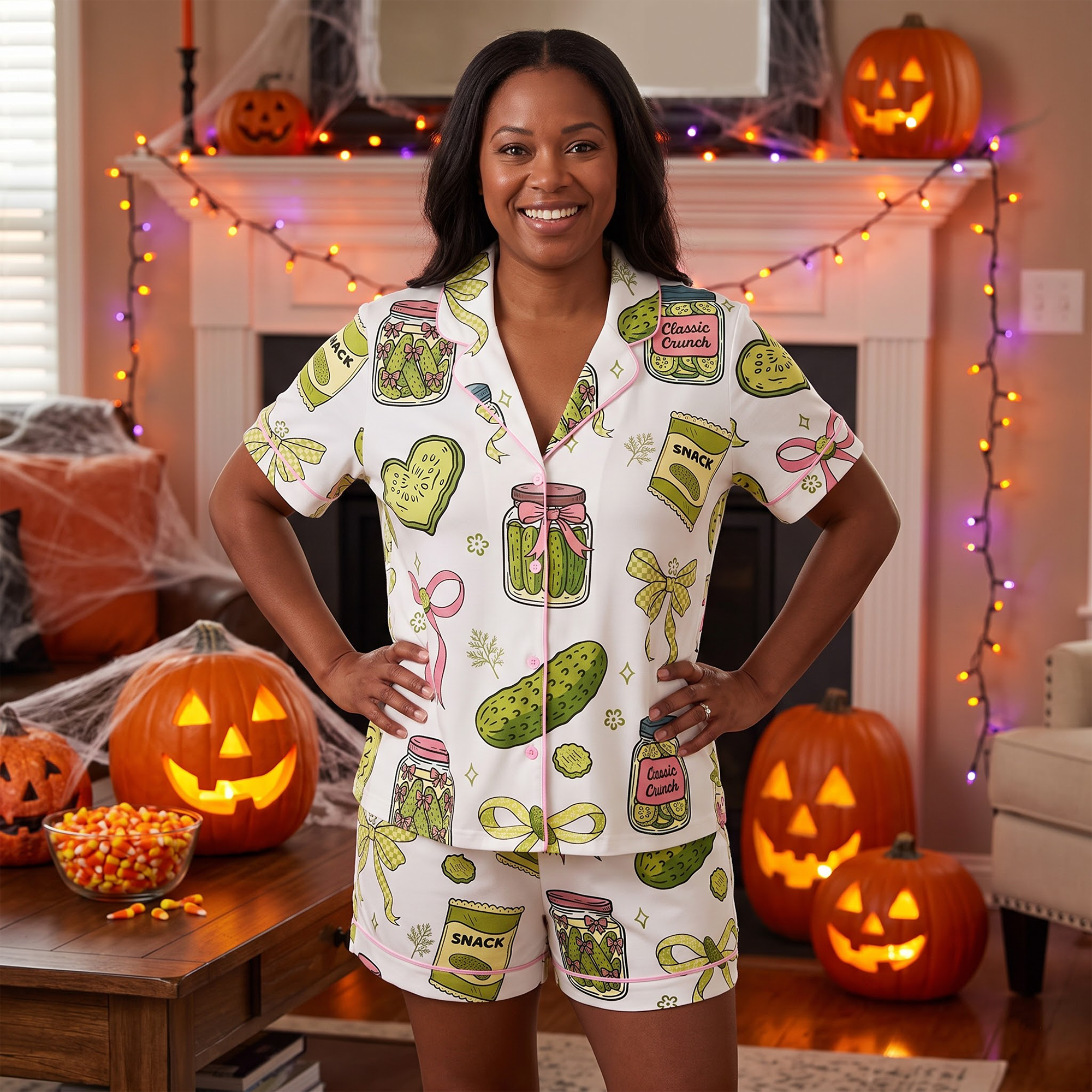 Pickle Pajama Set for Women, Cute Coquette Sleepwear, Button Up Shirt and Shorts, Pickle Lover Gift