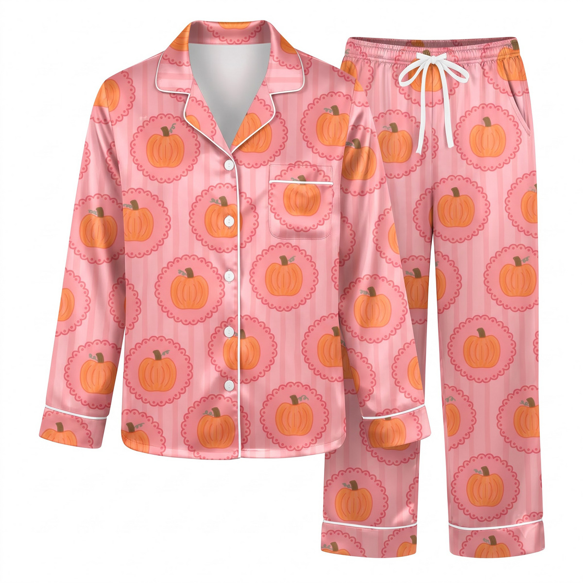 Pink Pumpkin Pajama Set, Cute Coquette Autumn Sleepwear, Soft Pink Halloween Lounge Set Gift for Women Birthday