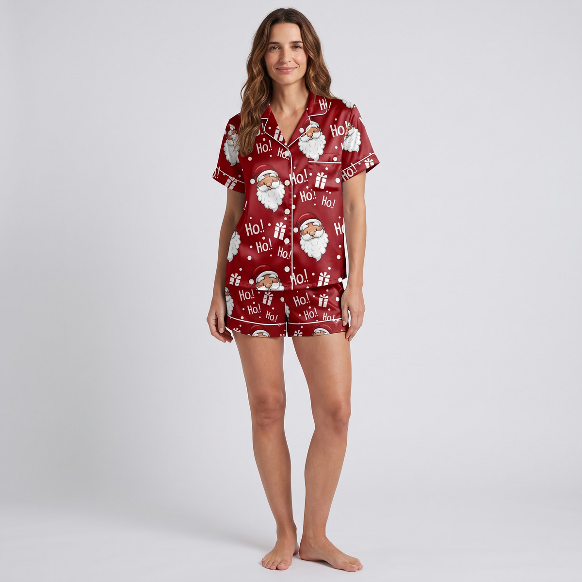 Santa Claus Satin Pajama Set, Red Christmas Pajamas, Ho Ho Ho Holiday PJs, Cute Santa Sleepwear, Christmas Gift for Her