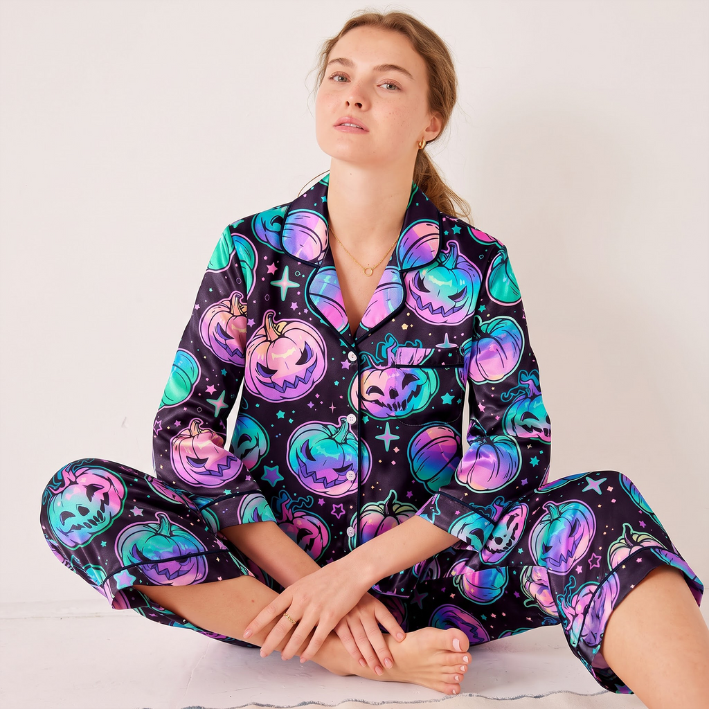 Holographic Halloween Satin Pajama Set, Iridescent Pumpkin Silk Sleepwear, Pastel Goth Button Down Pjs, Spooky Gift for Her
