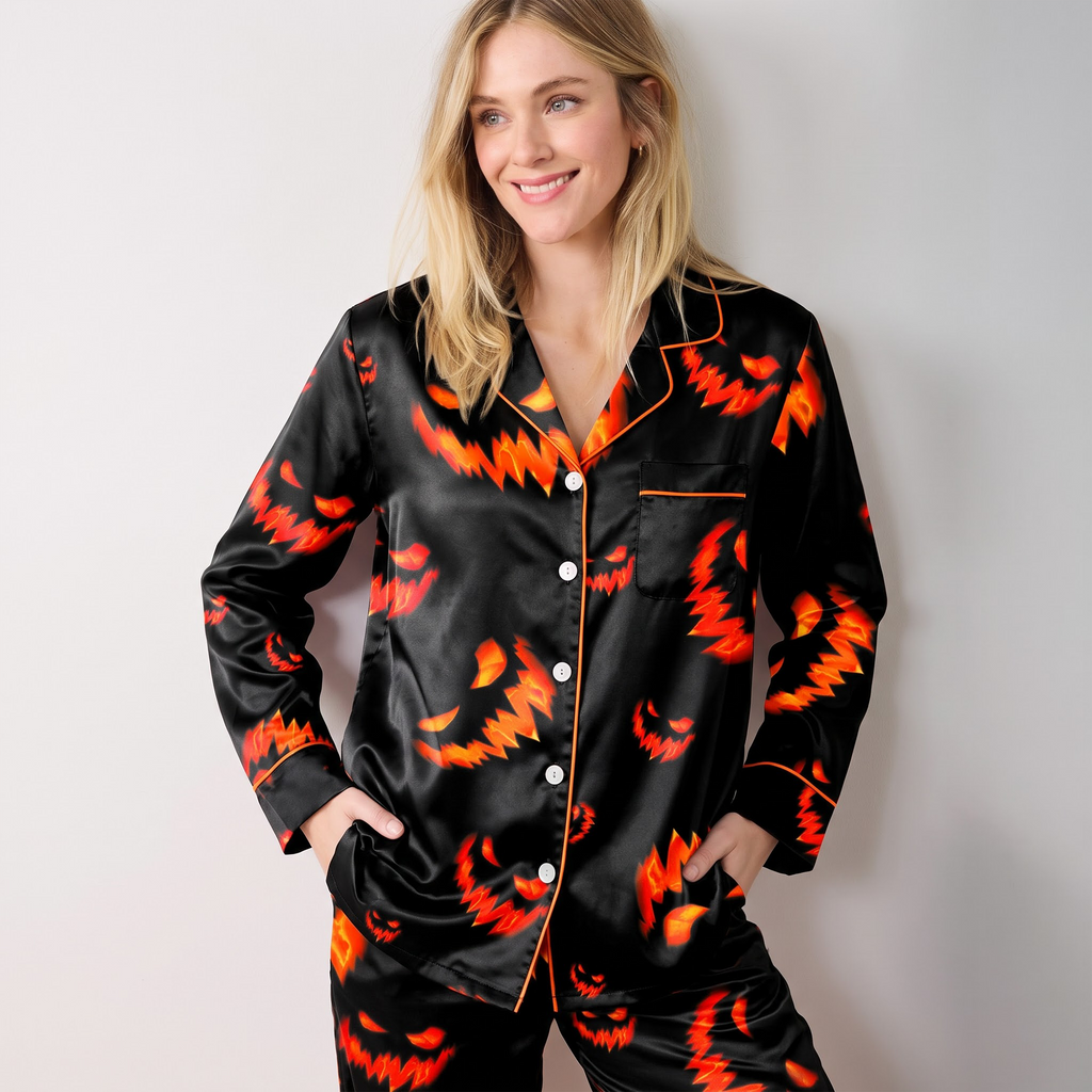 Scary Pumpkin Satin Pajama Set, Halloween Jack o Lantern Silk Sleepwear, Creepy Face Button Down Pjs, Spooky Gift for Her