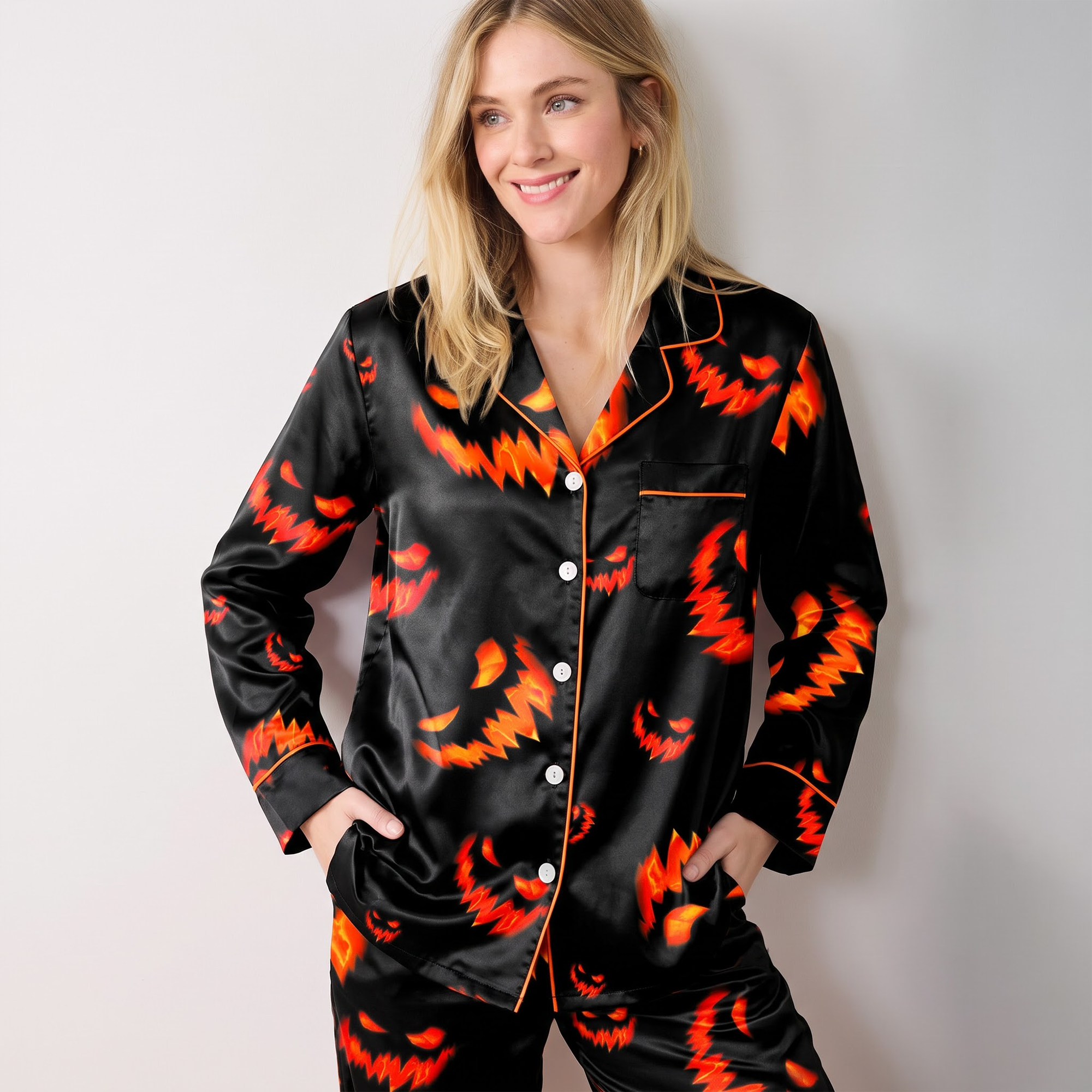 Scary Pumpkin Satin Pajama Set, Halloween Jack o Lantern Silk Sleepwear, Creepy Face Button Down Pjs, Spooky Gift for Her