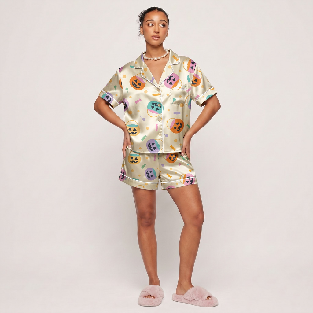 Pastel Halloween Satin Pajama Set, Pumpkin Bucket Silk Sleepwear, Button Down Long Sleeve Pjs, Cute Spooky Gift for Her