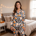 Halloween Leopard Satin Pajama Set, Spooky Cheetah Silk PJs, Pumpkin Bat Sleepwear, Cute Halloween Gift for Her