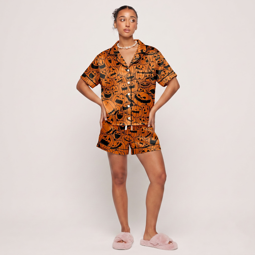 Orange Pumpkin Satin Pajama Set, Halloween Jack o Lantern Silk Sleepwear, Spooky Button Down Long Sleeve Pjs, Halloween Gift for Her