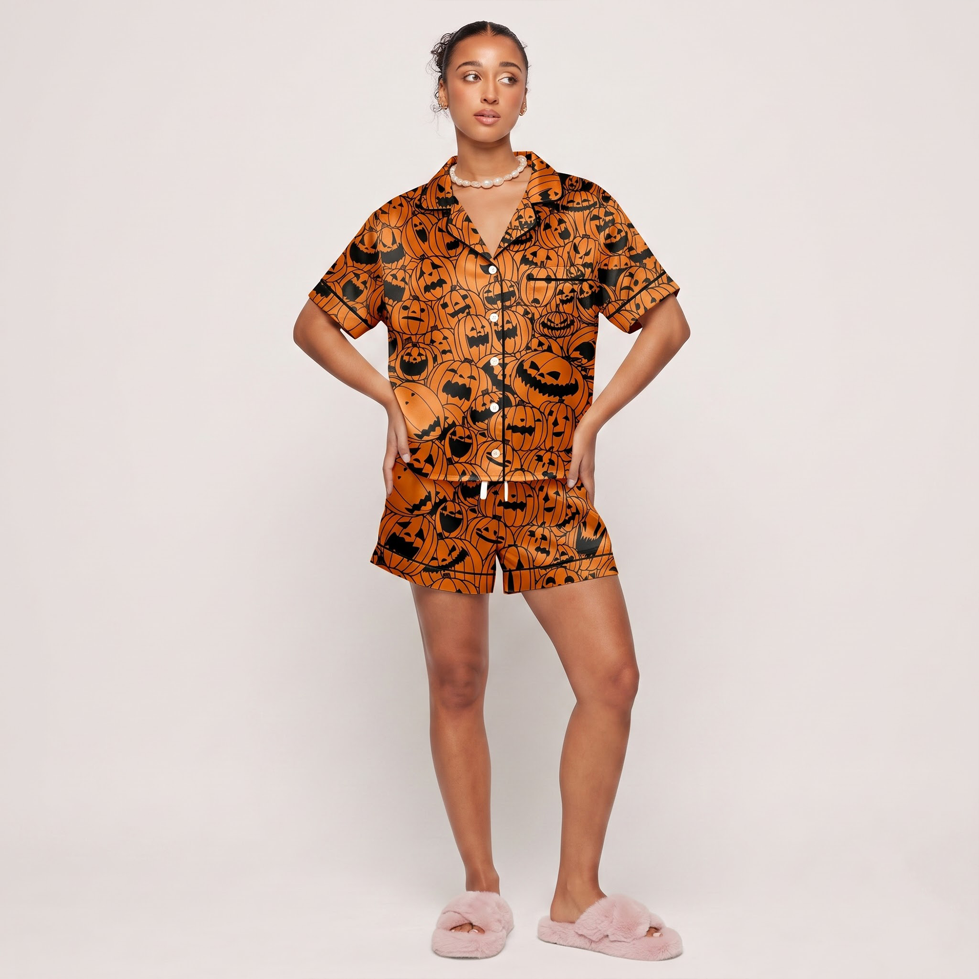 Orange Pumpkin Satin Pajama Set, Halloween Jack o Lantern Silk Sleepwear, Spooky Button Down Long Sleeve Pjs, Halloween Gift for Her