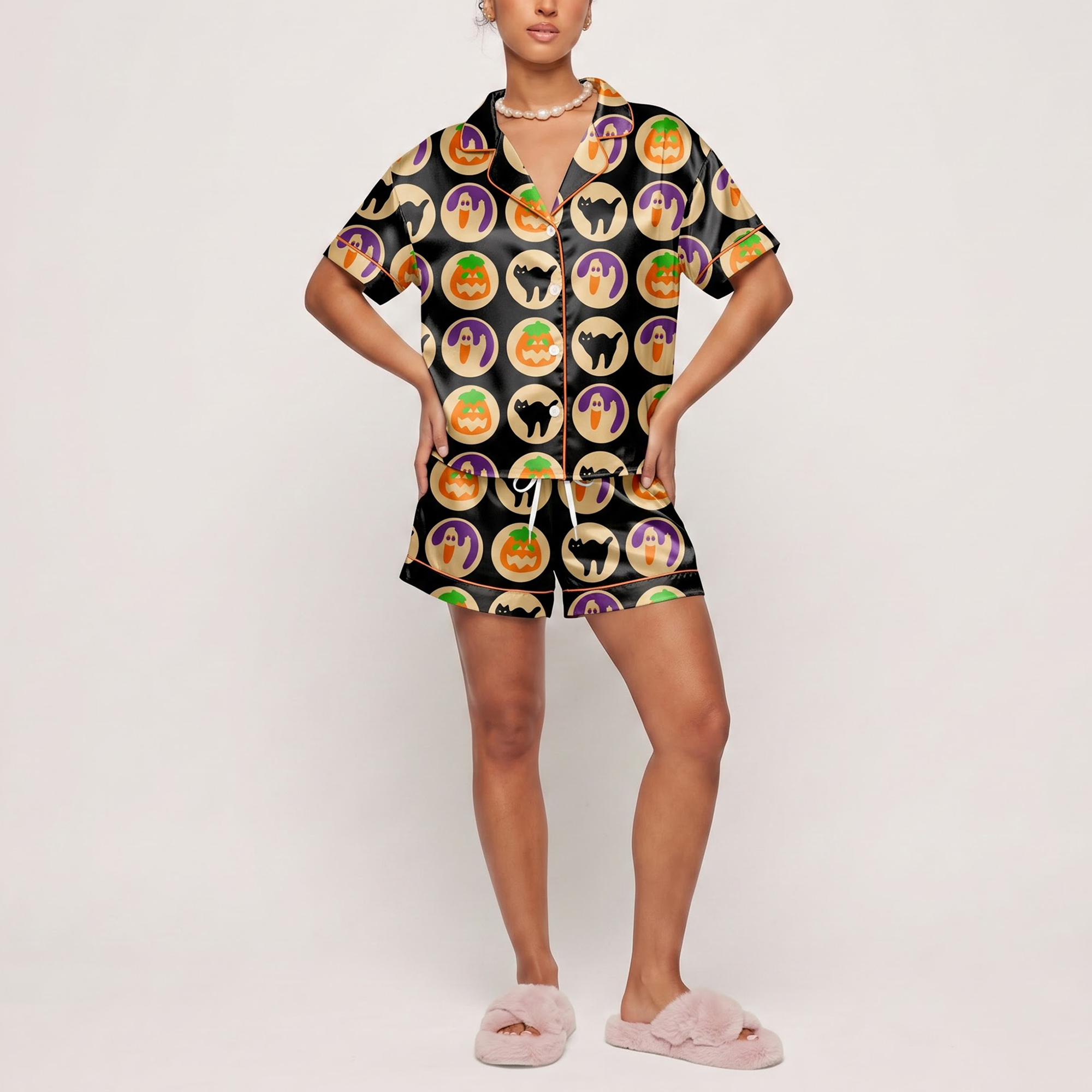 Halloween Pumpkin Ghost Satin Pajama Set, Black Cat Silk Sleepwear, Retro Spooky Button Down Pjs, Cute Halloween Gift for Her