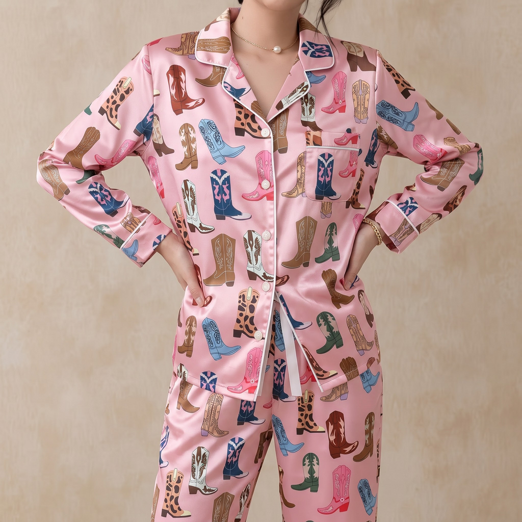 Pink Cowgirl Boots Satin Pajama Set, Western Silk Sleepwear, Country Coastal Cowgirl Lounge Set, Birthday Gift for Her Women