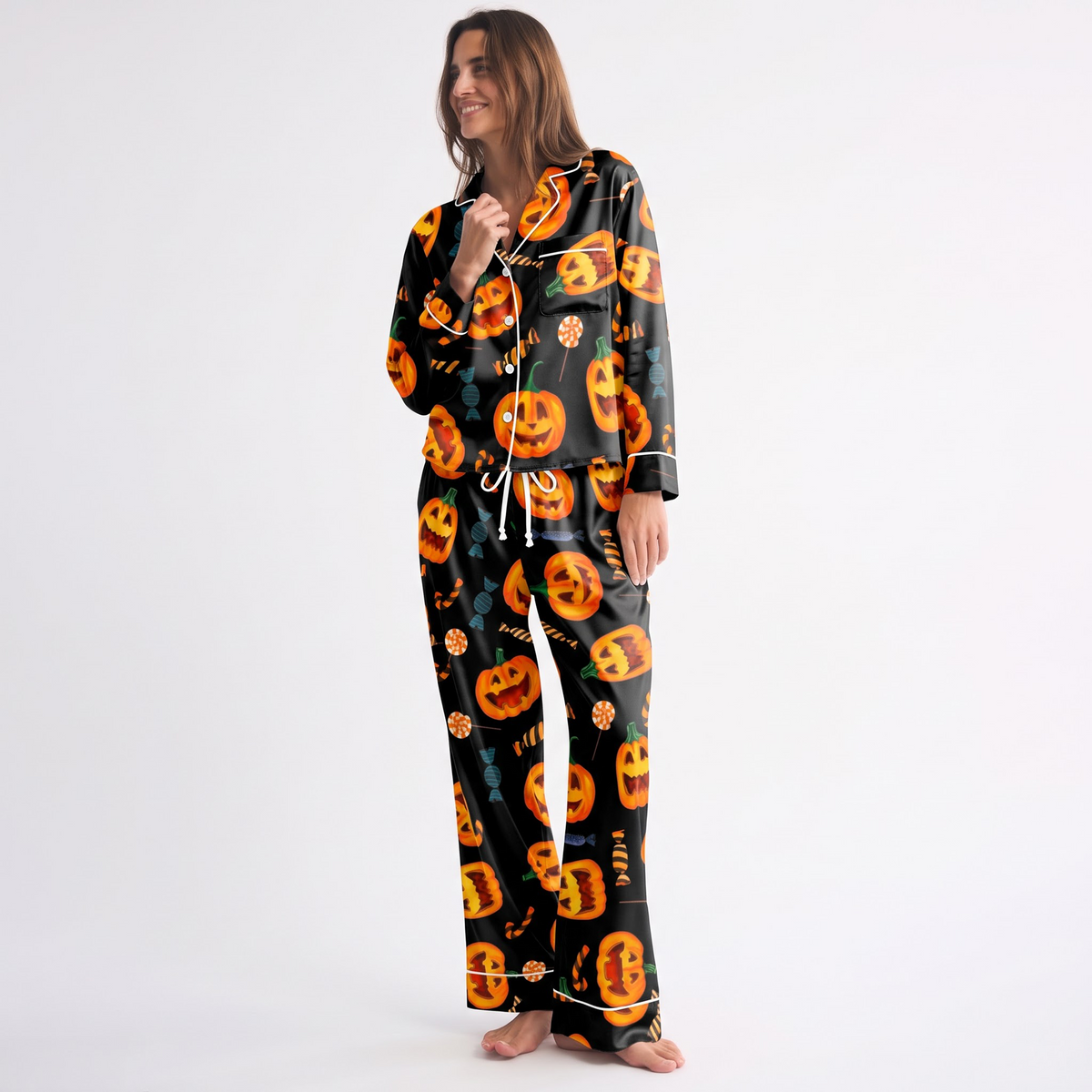 Pumpkin Candy Satin Pajama Set, Black Halloween Pajamas, Jack O Lantern PJs, Spooky Candy Sleepwear, Halloween Gift for Her