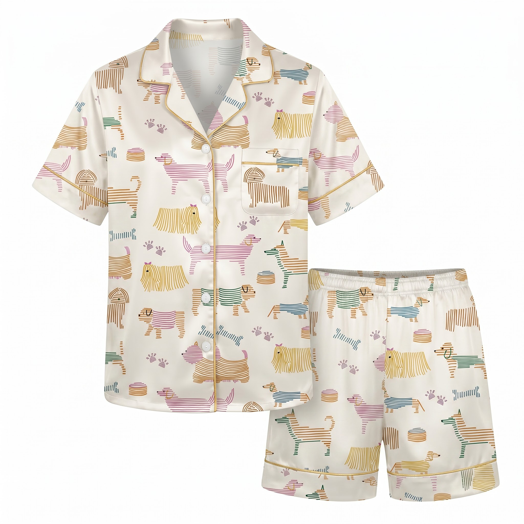 Colorful Dog Satin Pajama Set, Cute Dog Line Art Silk Sleepwear, Button Down Long Sleeve Pjs, Dog Lover Gift for Her