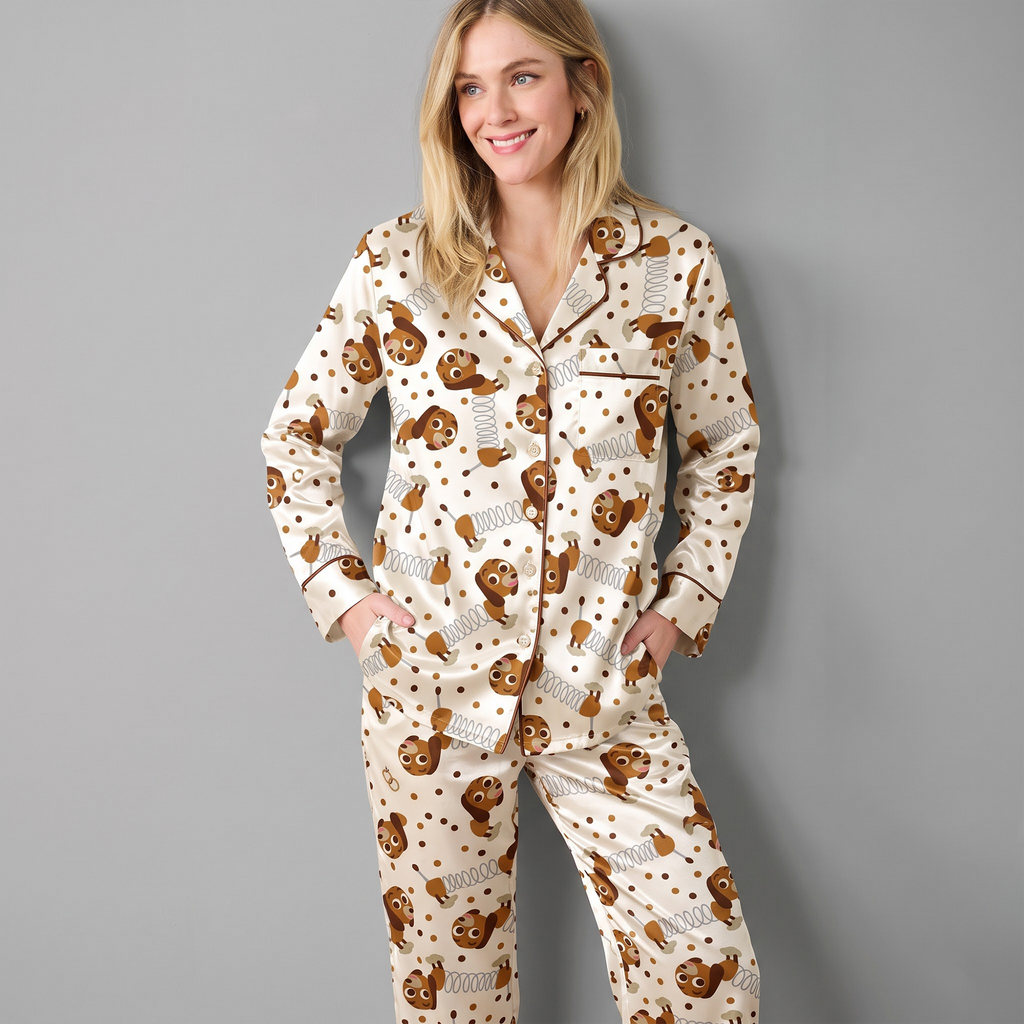 Slinky Dog Satin Pajama Set, Cute Dachshund Silk Sleepwear, Button Down Long Sleeve Pjs, Funny Dog Lover Gift for Her