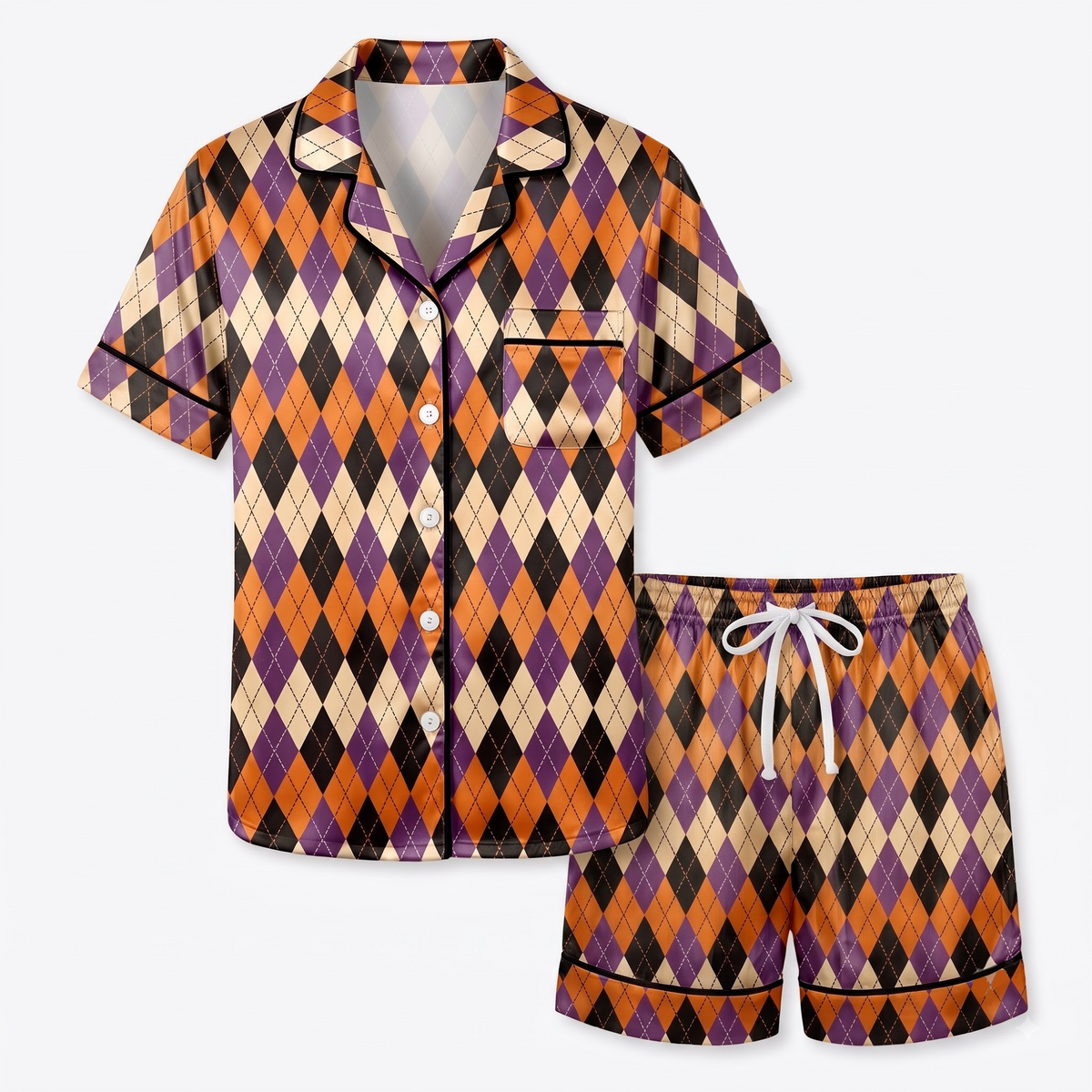 Halloween Argyle Pajama Set, Orange Purple Black Satin Pajamas, Halloween Plaid Sleepwear, Spooky Season Matching PJs, Fall Pajama Gift
